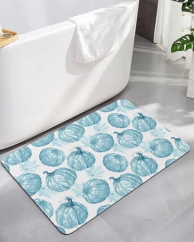 Bath Mat, Fall Pumpkin Maple Leaves Thanksgiving Blue Quick Dry Bathroom Rugs Non Slip Absorbent Thin Shower Rug Floor Mat for Bathroom,