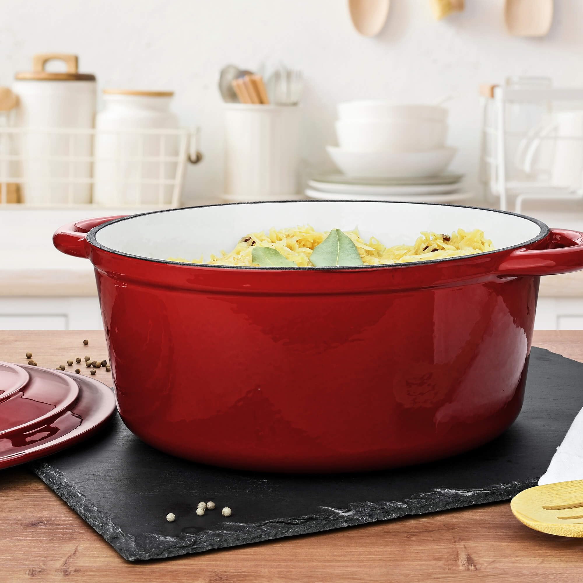 GRÄWE Gusseisentopf, Rot, Ø 26 cm, 4,5 L, 11,5 cm hoch, Schmortopf, Bräter, mit Deckel, Bratentopf, Brottopf, Brotbacktopf, Kochtopf, Emaille-Topf