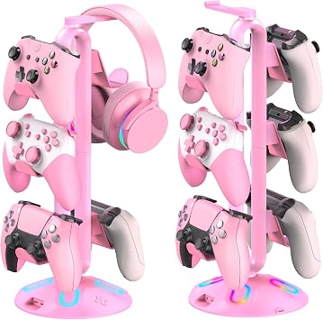 Gaming RGB Headphone Stand, Controller Holder with 9 Light Modes - Headset Stand with 2 USB Charging Ports and 3.5mm & Type-C - Controller Stand Hanger Accessories for Desk and GamerPink...