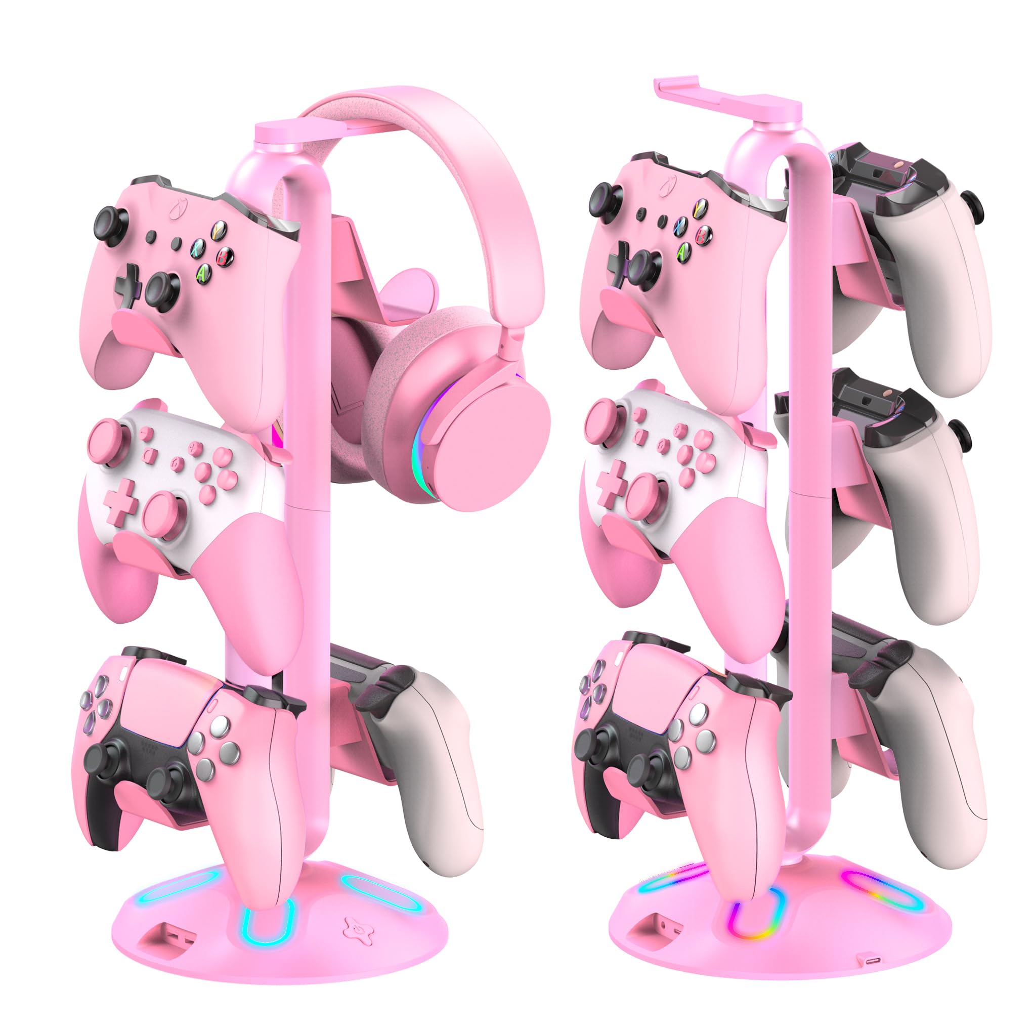 Supporto per cuffie RGB da gioco, supporto per controller con 9 modalità di luce e 2 porte di ricarica USB e 3,5 mm e tipo C, accessori per supporto per controller per scrivania e gamer