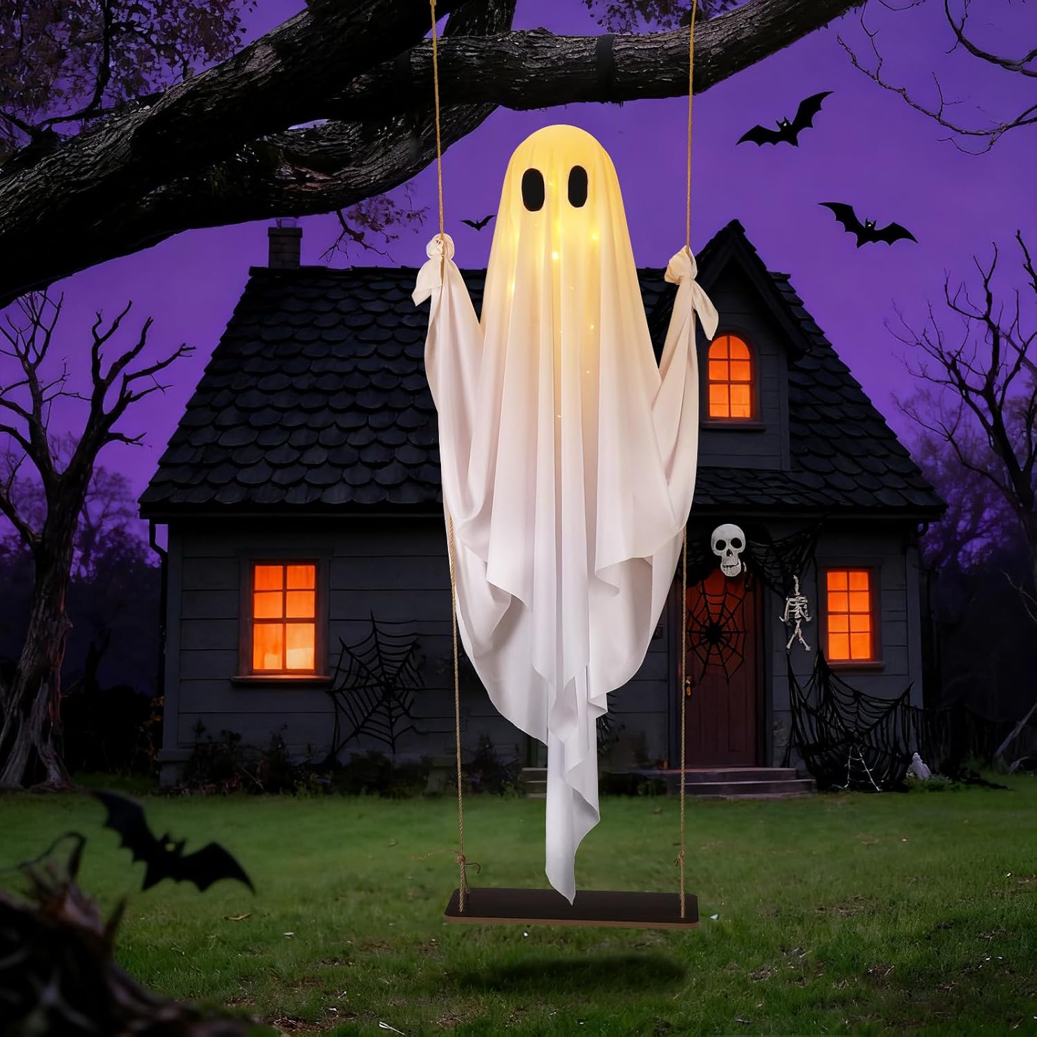 Halloween Decorations Outdoor Large Hanging Swing Ghost with String Lights Remote Control Halloween Swinging Ghost Decor for Tree Porch Yard Garden Lawn