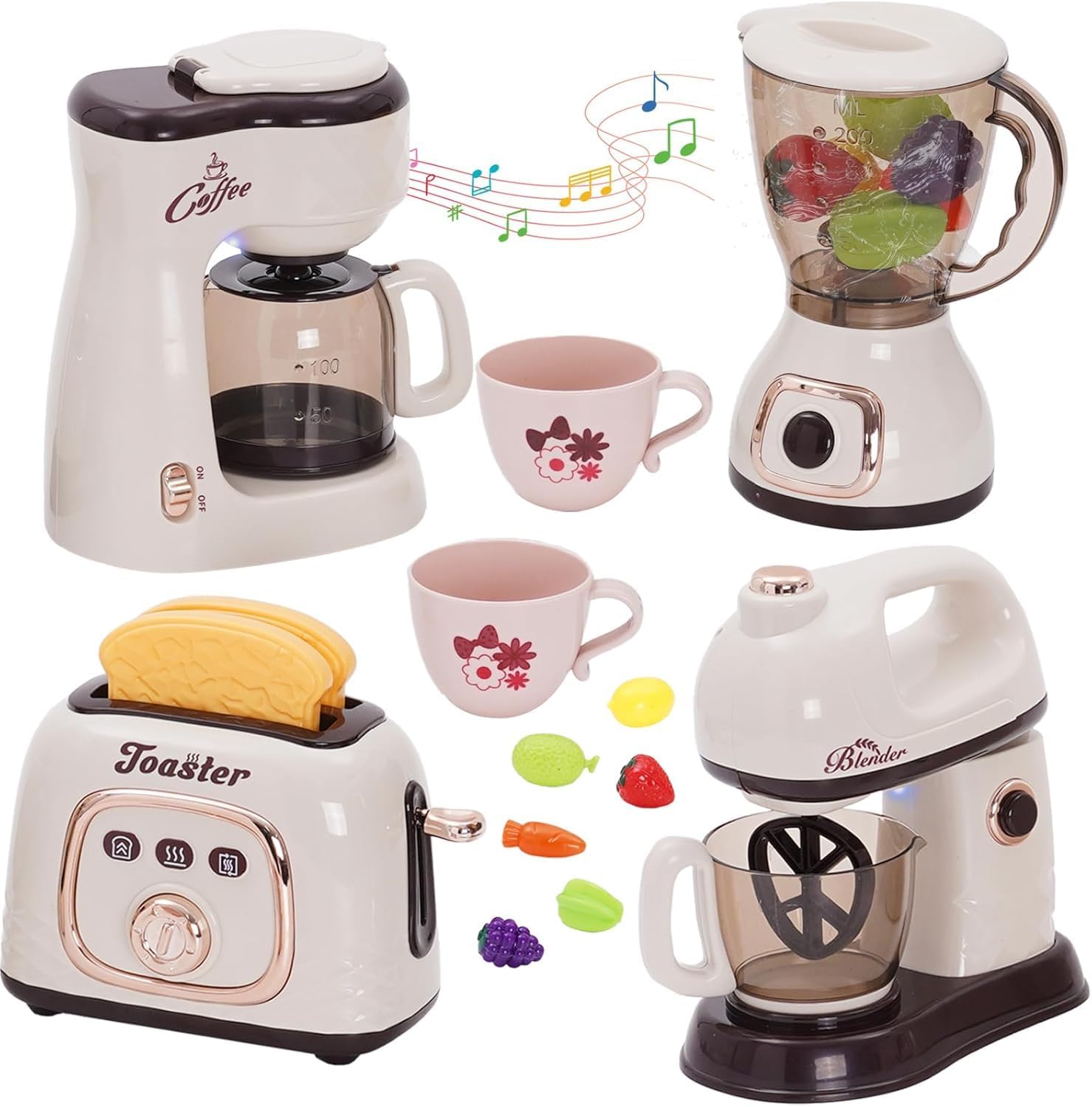 Kitchen Appliances Toy Play Kitchen Accessories for Kids Pretend Play Set Cooking Toys with Coffee,Machine,Toaster,Juicer,Mixer,Vegetable and Cups, Kitchen Accessories Set for Girls Birthday Gift 3+
