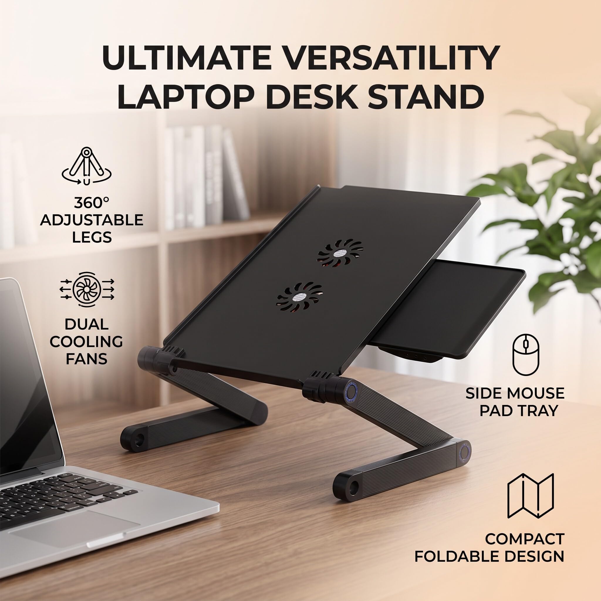 Supporto per computer portatile regolabile in altezza, Supporto per Laptop Tavolo in alluminio con piattaforma per mouse pieghevole per laptop letto colazione ufficio lettura (nero)
