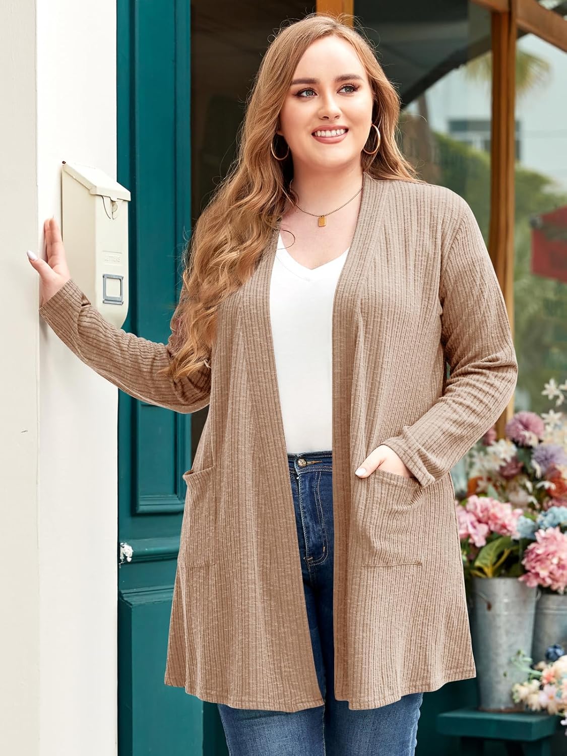 LARACE Open Front Knit Cardigan Sweaters for Women Plus Size Long Sleeve Tops with Pockets Lightweight for Winter - Image 3