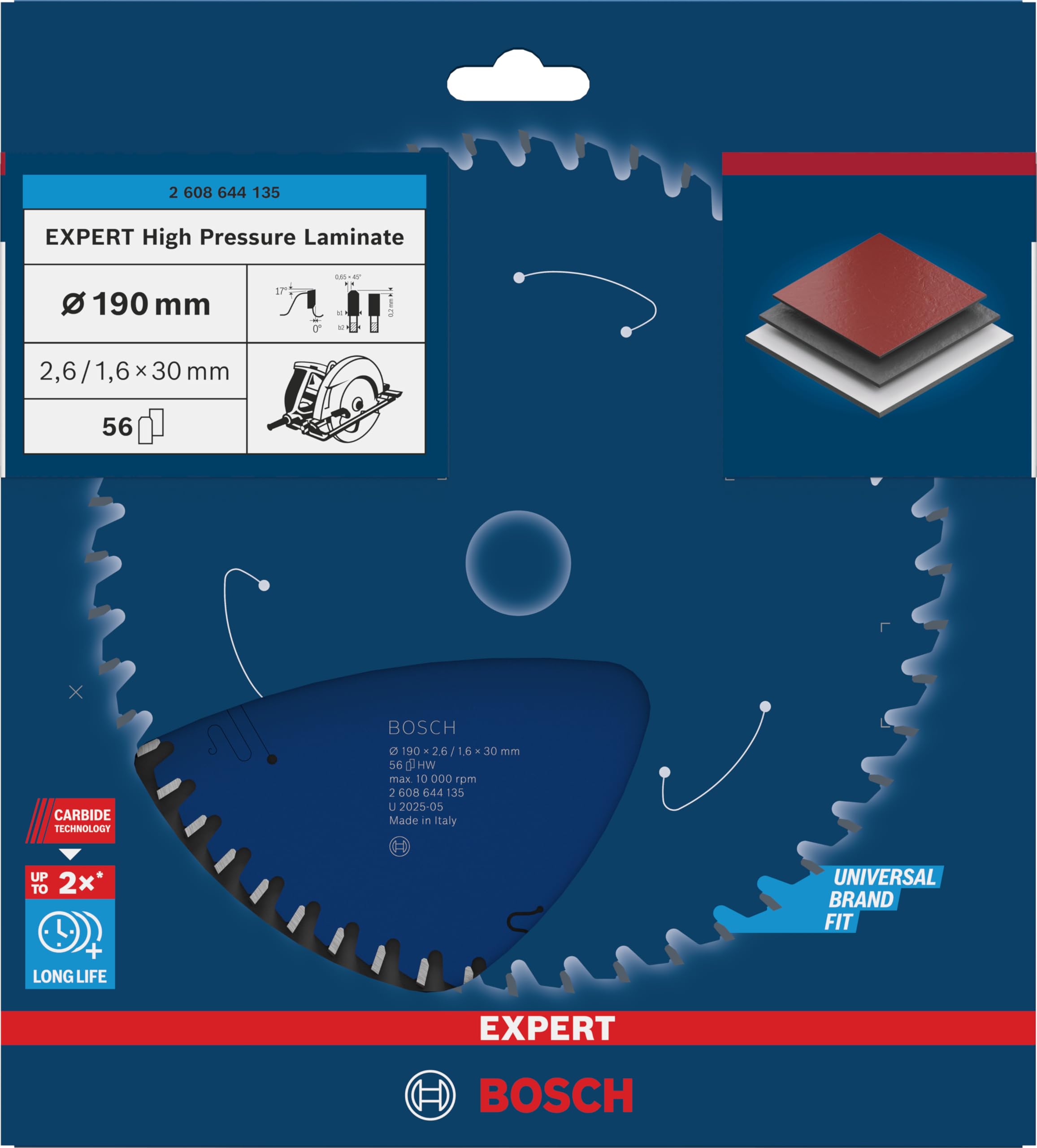 Bosch Professional 2608644135 - Disco de sierra circular CSB Expert HighPressureLamin.: 190x30x56D