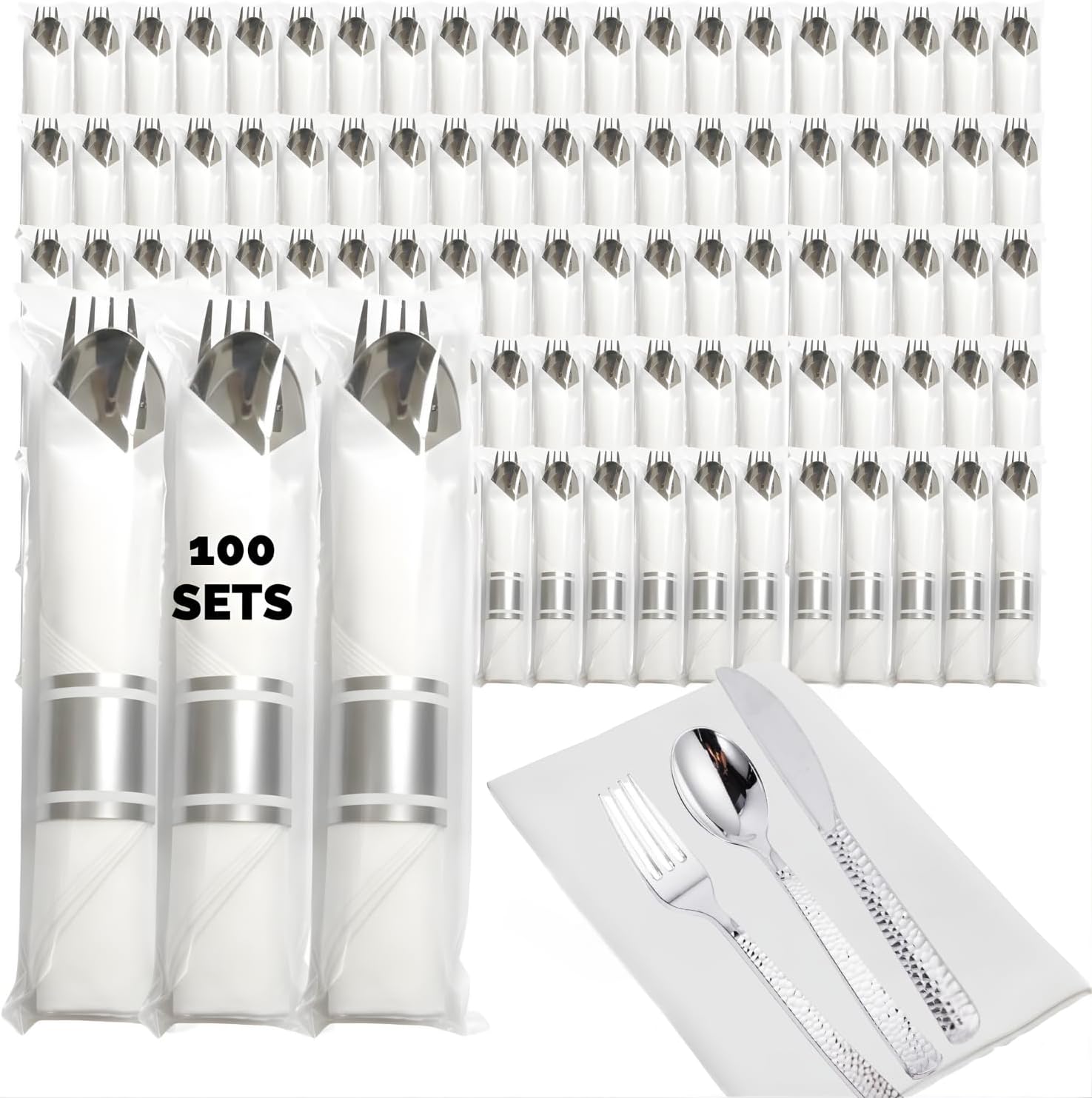 Individually Wrapped Plastic Silverware Sets, Plastic Spoon, Fork, Knife & Napkin (100 Each), 400 Pc Disposable Silverware Cutlery Set With Napkin, Disposable Decorative Silverwares Utensils (Silver)