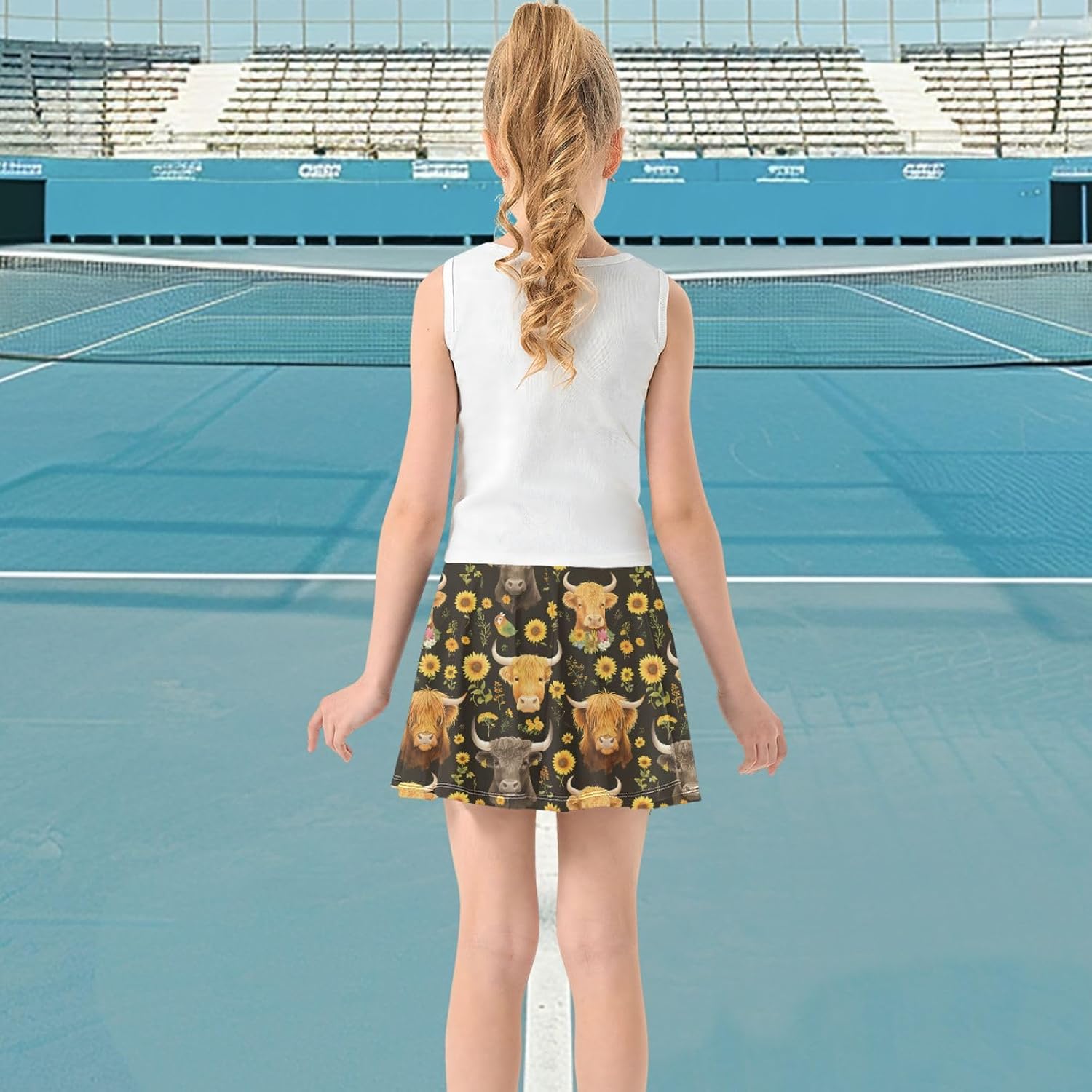 visesunny Fluffy Cow Sunflowers Girl's Golf Skirt Athletic Tennis Skort Sport Activewear with Double Layer Pockets