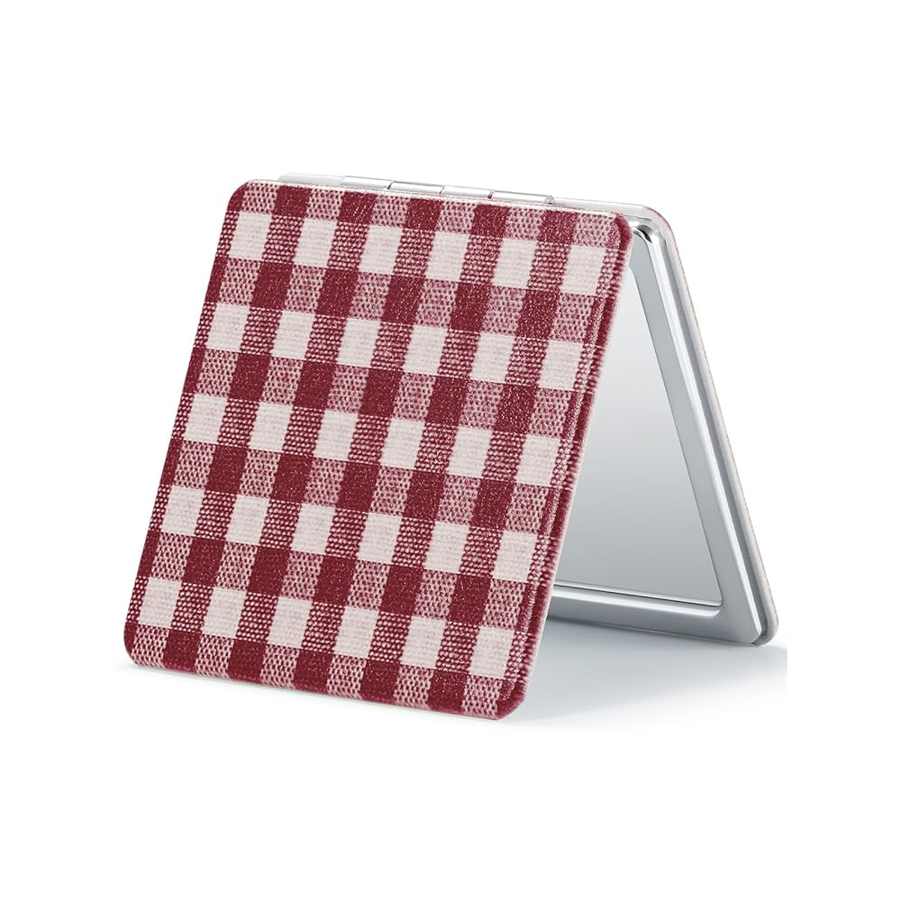 OMIRO Compact Mirror, Unique Plaid Pattern PU Leather 1X/3X Magnification, Ultra Portable for Purses, 2.76 W x 2.76 L, Red Plaid