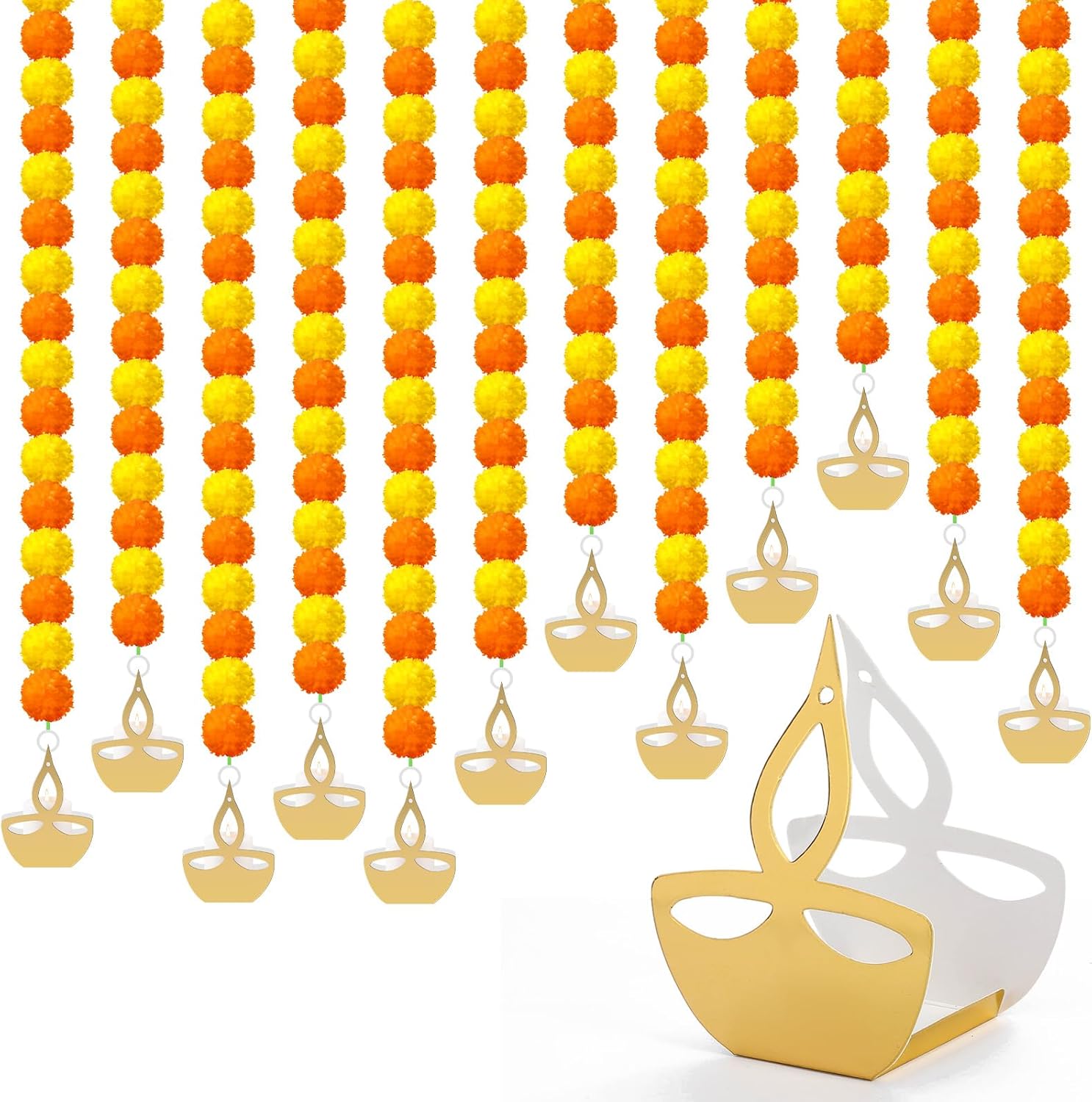 Norme 12 Pcs Marigold Garland 2.6 ft Long Strands Artificial Marigold Flowers Garland with Pendant Flower String Indian Diwali Decorations for Pooja Indian Wedding Dia De Los Muertos(Orange Yellow)