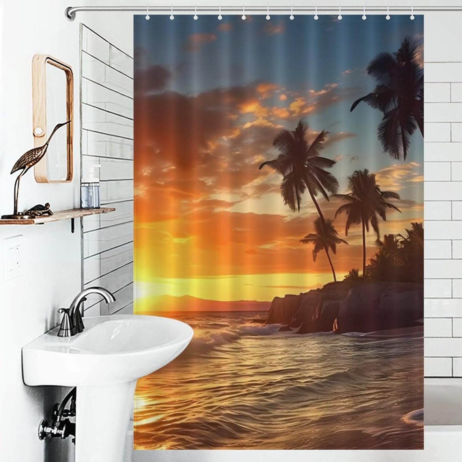 Ocean Beach Palm Tree Sunrise Sunset Funny Shower Curtains Washable Bath Curtain Liner with Hooks for Bathroom Bath Tubs