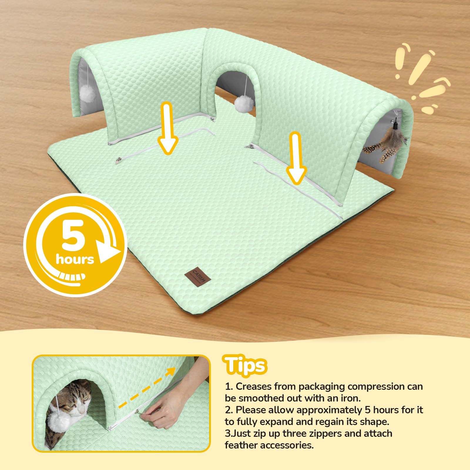 CATISM Cooling Cat Tunnels Bed - Cat Beds with Tunnel, 3 in 1 Cats Tunnels Bed with 3 Ports + 2 Ceiling Balls + 1 Removable Feather Toys for Kitten to Play