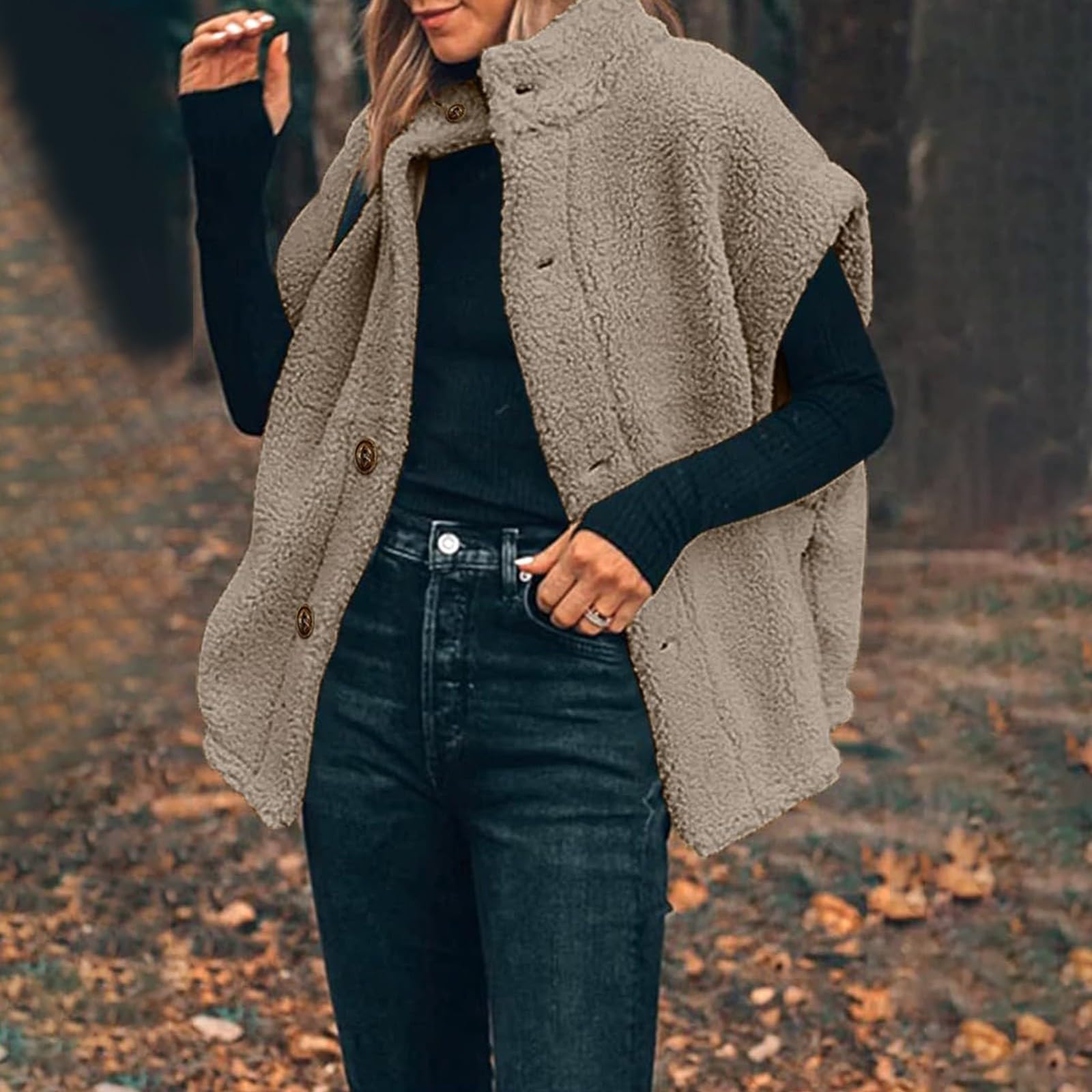 FUPODD Fleece Weste Für Damen Winter Leicht Teddy Damen-Westen Elegant Knöpfe Fleeceweste Ärmellos Plüschweste Einfarbig Flauschig Teddyfleece Longweste Taschen Plüsch Teddywesten Frauen Kuschelig
