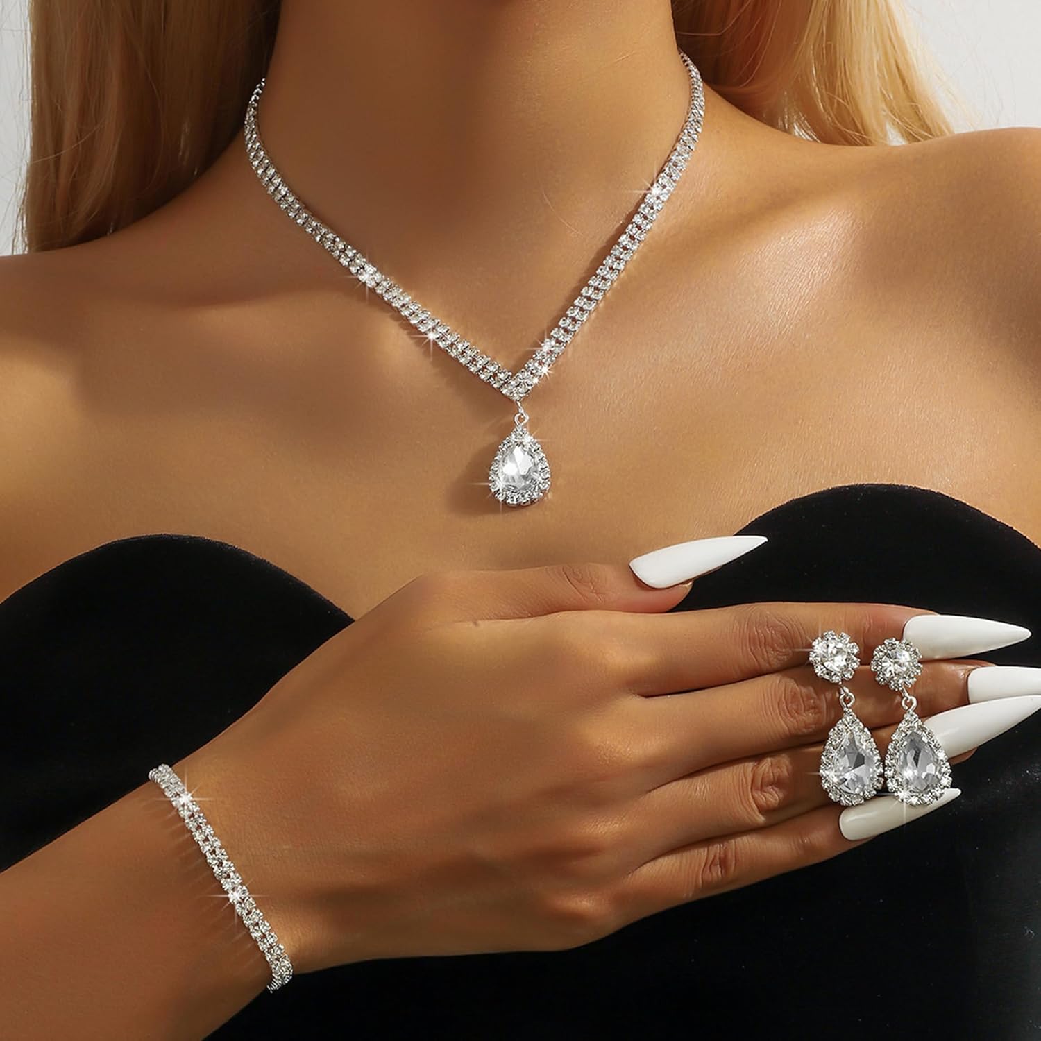 Nojess Crystal Wedding Jewelry Sets for Brides Silver Rhinestone Necklace Earrings Bracelet Bridal Jewelry Set for Wedding Bridesmaid Prom Costume Accessories - Image 2