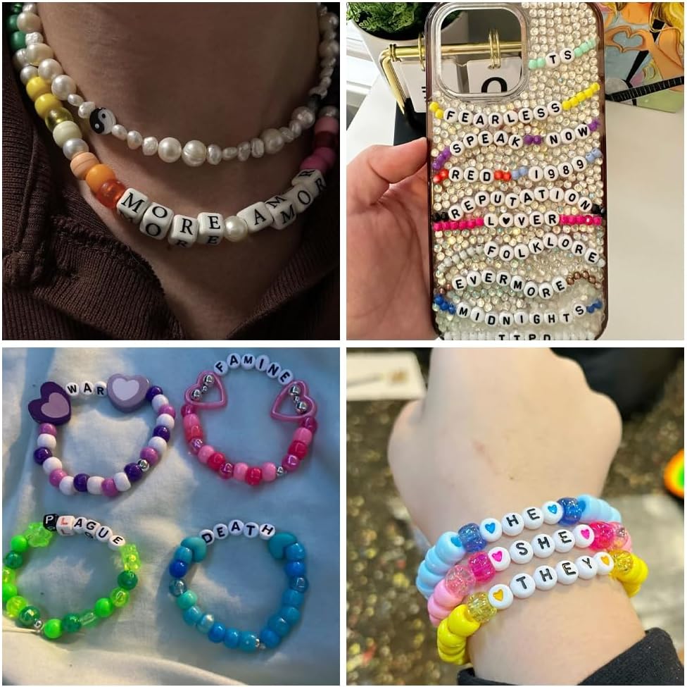 Beadiebling 4000 Pcs 6 * 9mm Pony Beads Bulk in 48 Colors - Friendship Bracelet Making Kit with 2400 Plastic Beads & 1600 Letter Beads in 3 Storage Boxes with 2X Strings, 3X Braided Ropes & Scissor