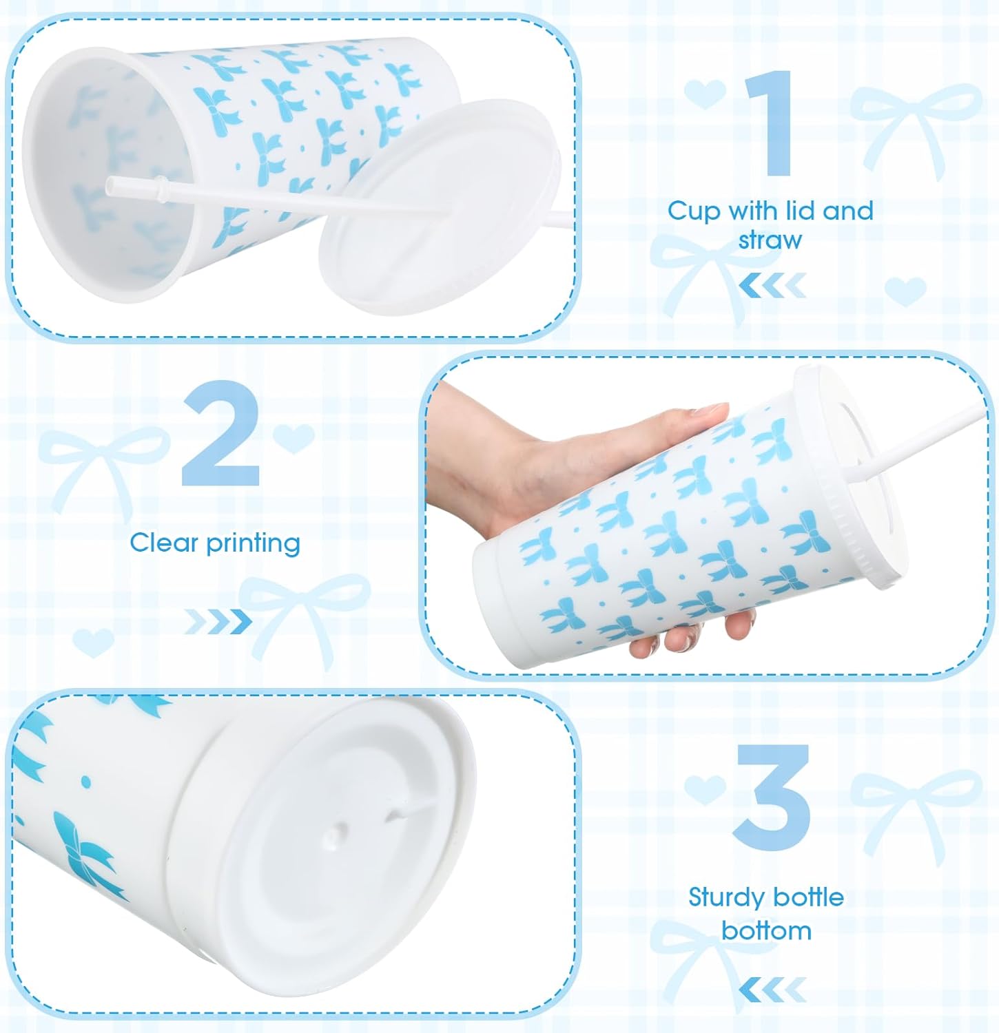 LemonRoad 20 Pcs 24 oz Plastic Cups with Lids and Straws Reusable Coquette Bow Tumblers Aesthetic Drinking Coffee Cups for Wedding Bridal Shower Christmas Holiday Party Supplies (Blue,White) - Image 4