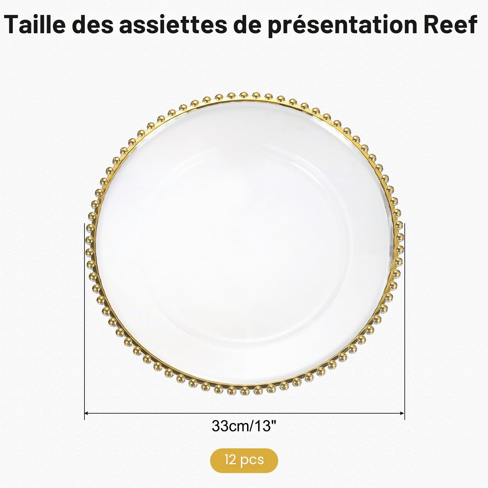 sourcing map Lot de 12 assiettes de présentation rondes en plastique transparent de 33 cm avec bordure perlée pour fête de mariage, événement, décoration de table, doré