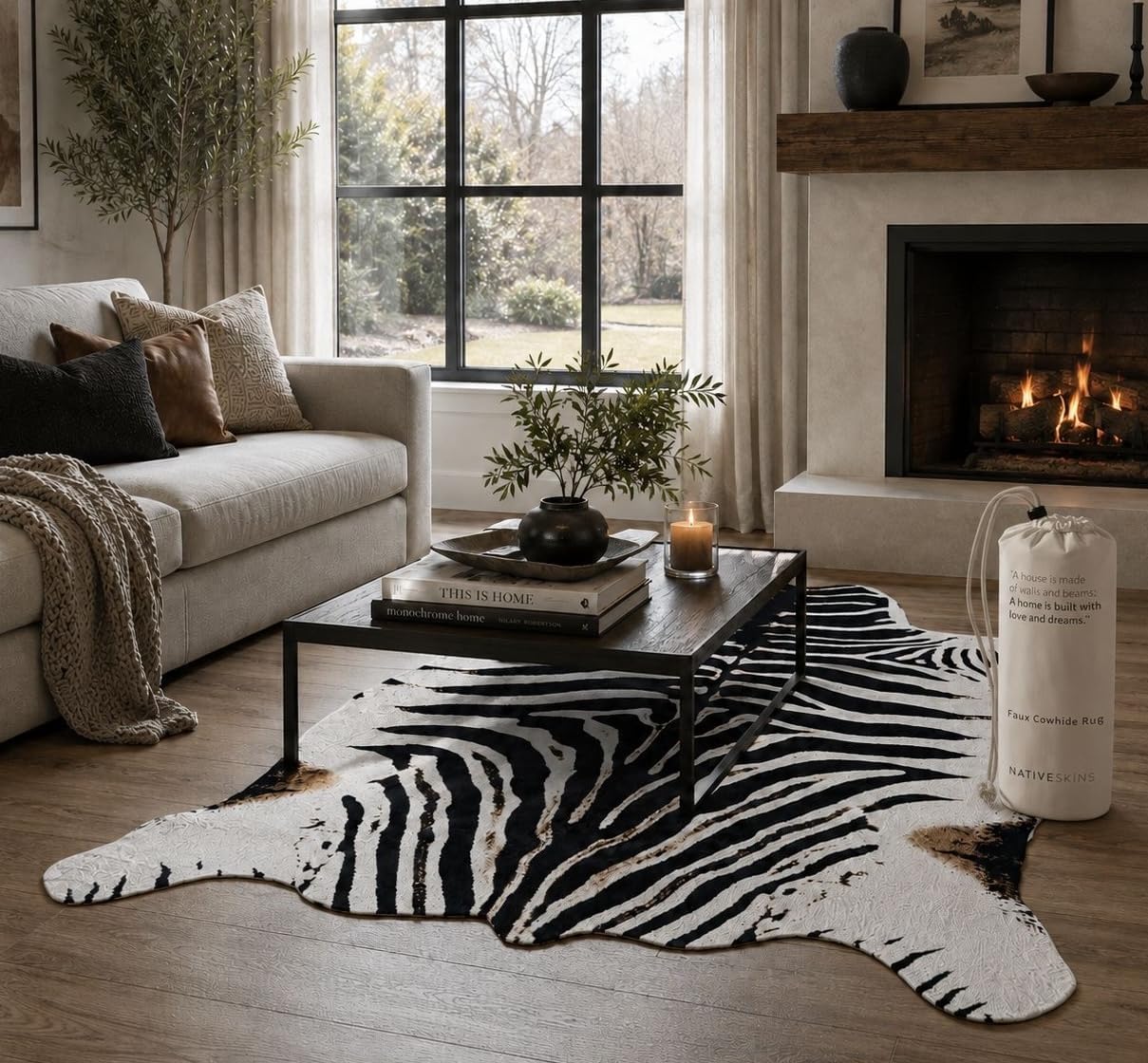 NativeSkins Faux Fur Zebra Print Hide Rug, Large Farmhouse 4.6ft x 6.6ft