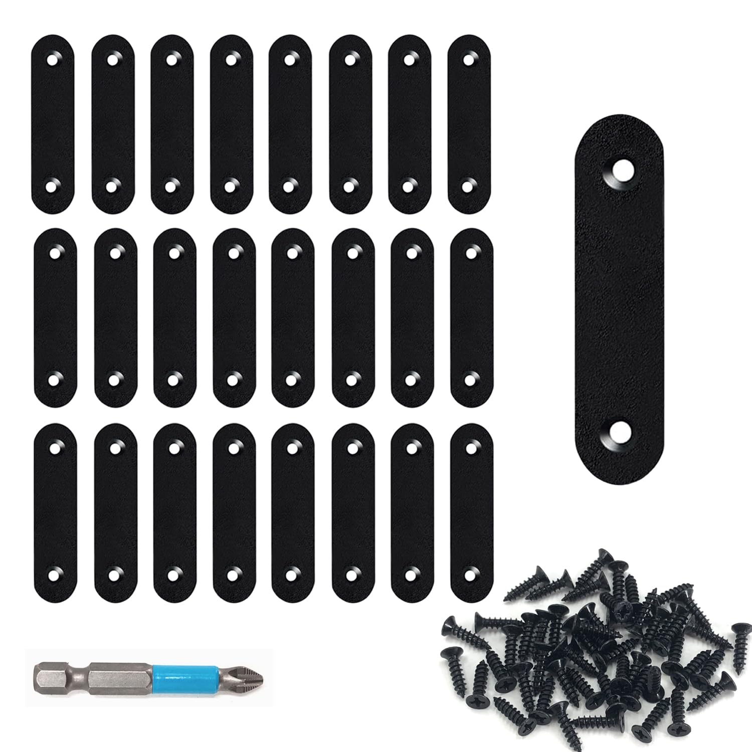 QSJ 24 Pcs Black Straight Bracket Mending Plate for Wood Stainless Steel Straight Brackets 56mm / 2.2" Wood Brace with Screws and Screwdriver
