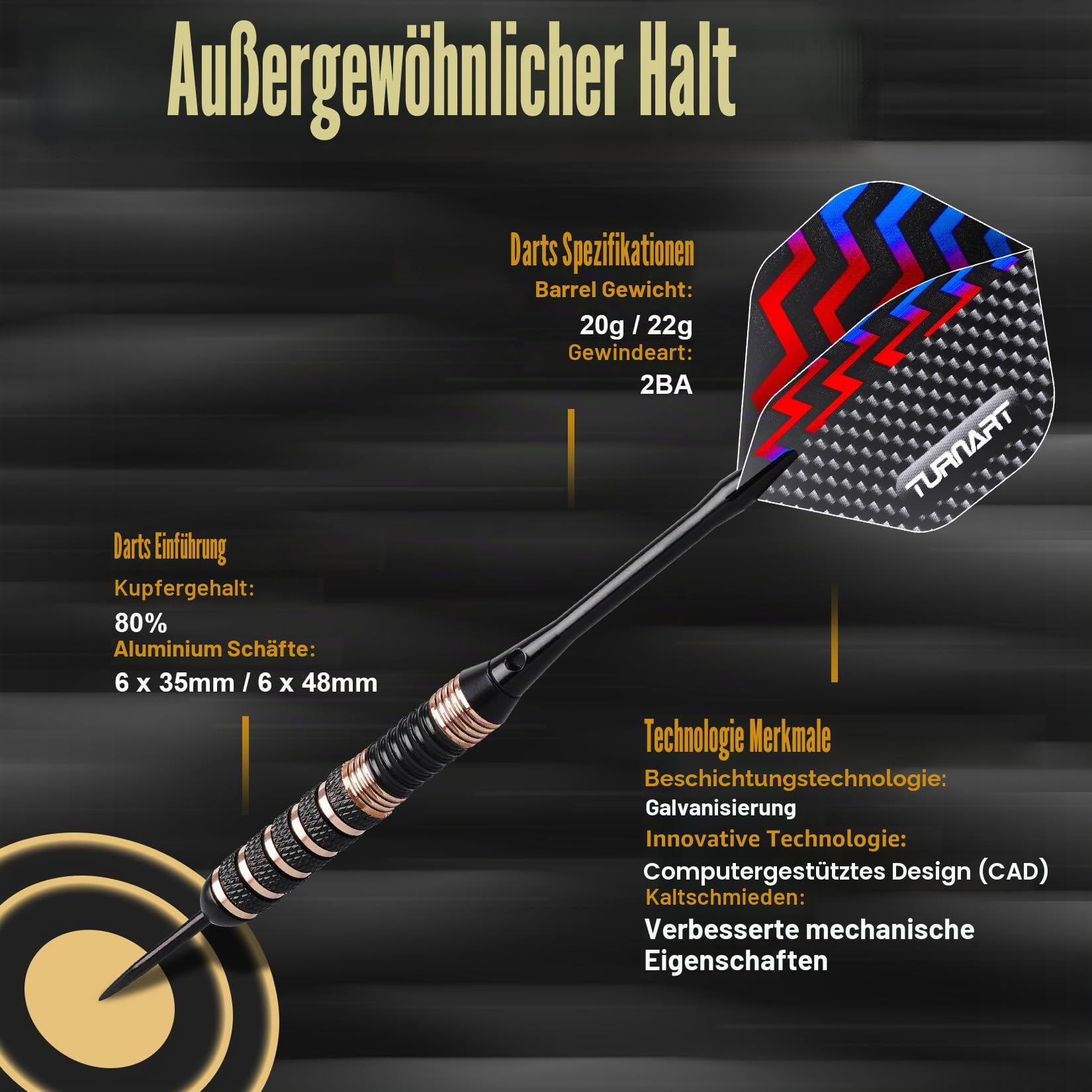 Turnart Darts Metallspitze Set - Professionelle Darts Messing Barrels Stahlspitze Darts 6 Stück 22/24 Gramm Darts Set