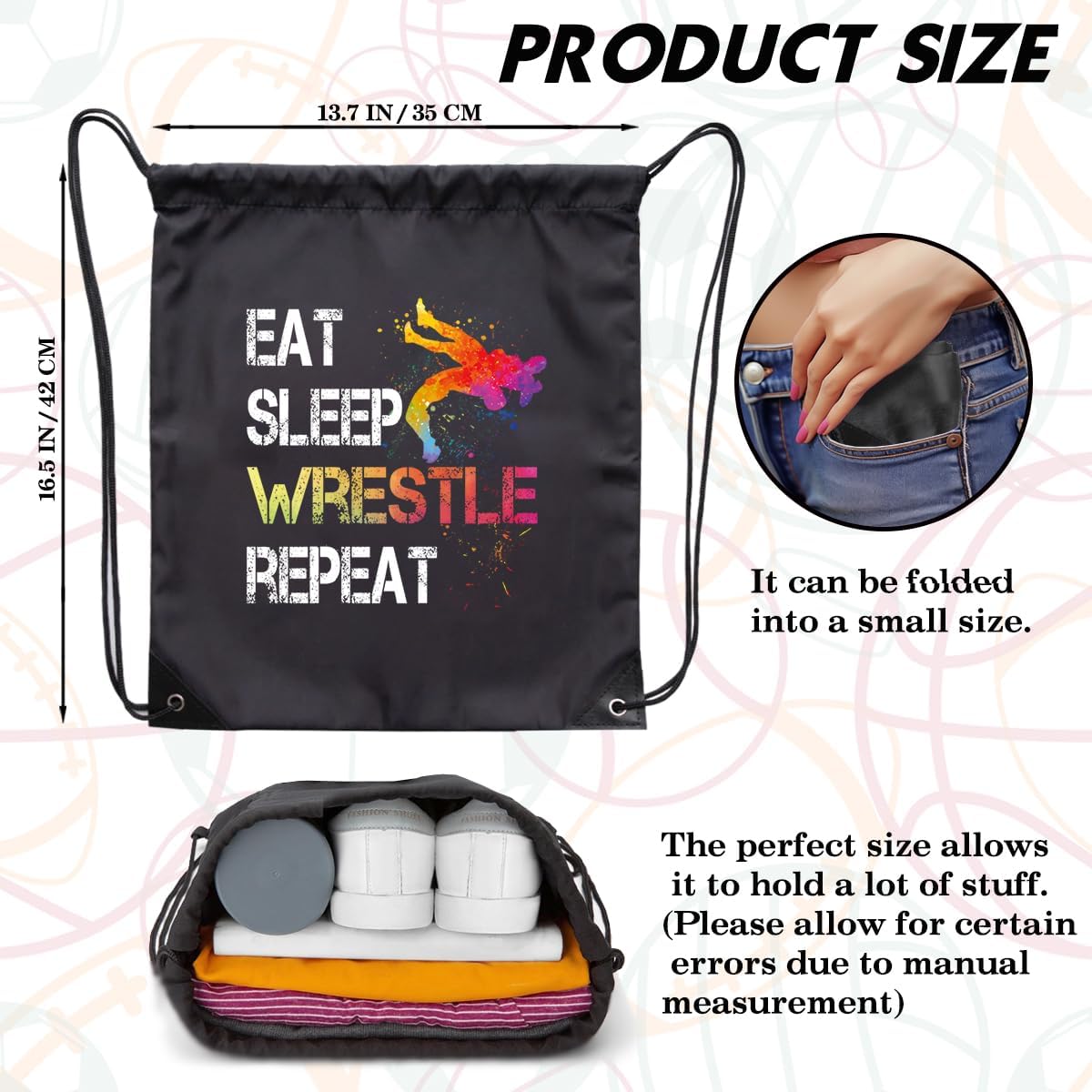 Eat Sleep Wrestle Repeat Drawstring Backpack Gifts For Men Women