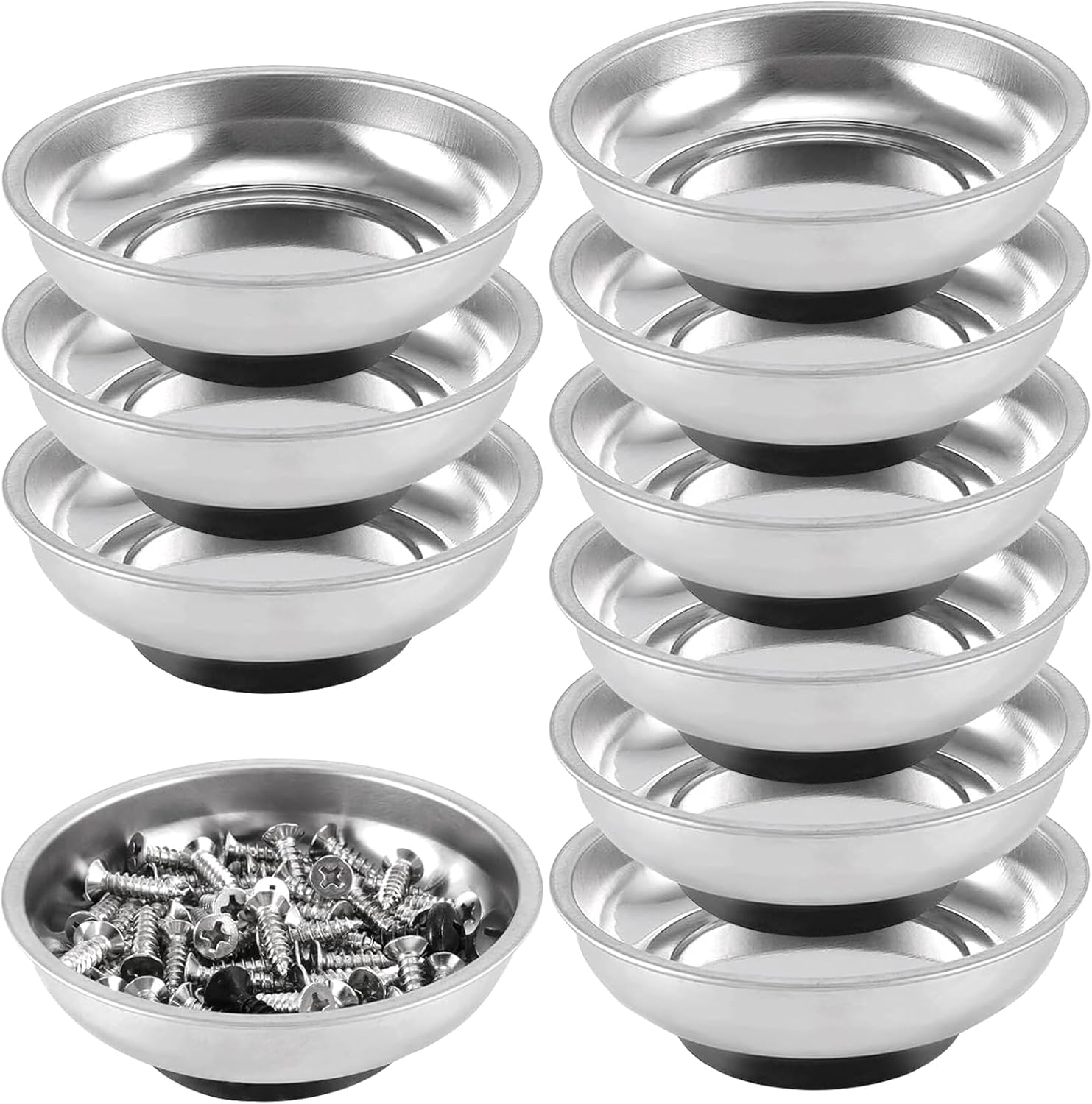 FUNSUEI 10 Packs 6 Inches Magnetic Tray, Stainless Steel Magnetic Bowl, Round Magnetic Parts Tray for Pins, Screws, Bolts, Nuts, Small Parts