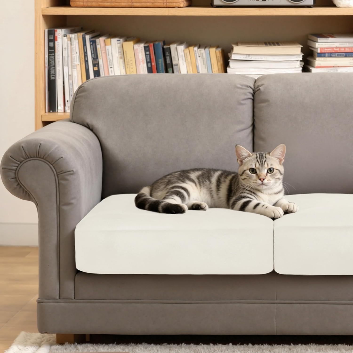 CHUN YI Velvet Couch Cushion Covers, 2PC Water Resistant Loveseat Cushion Covers for 2 Cushion Couch, Individual Seat Cushion Covers Cushion Protector Slipcovers for Pets (2 Pack, Ivory White)