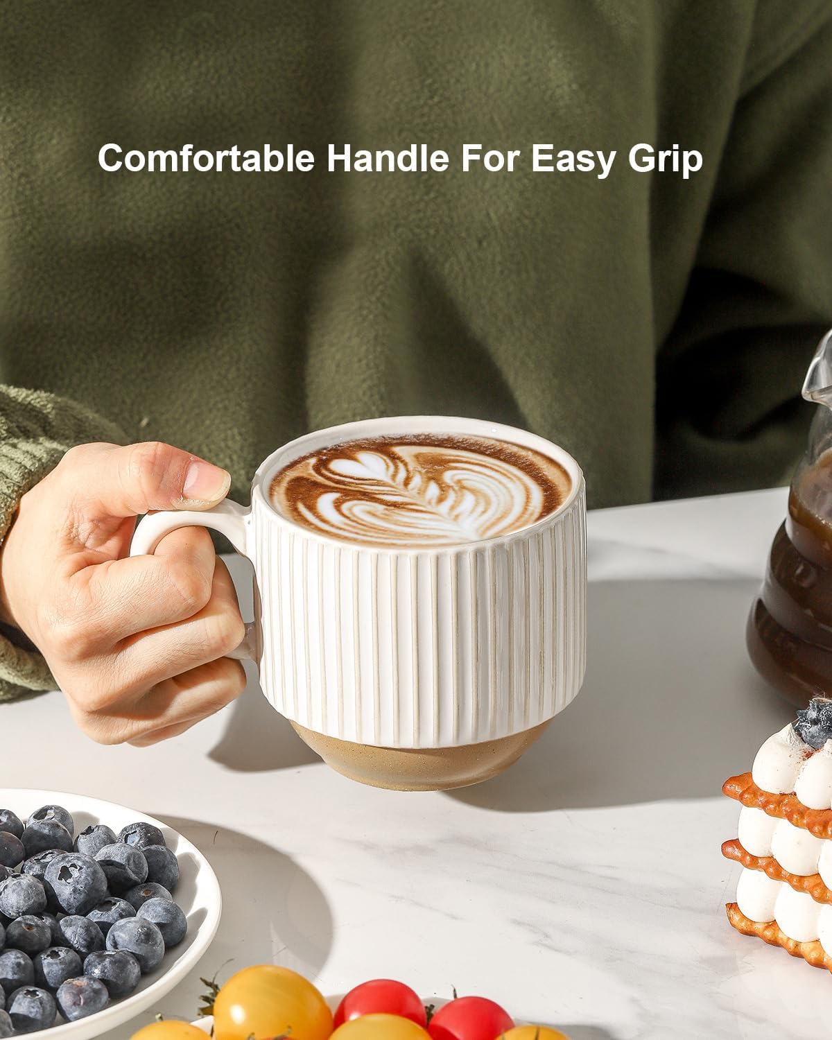 HASENSE 15 oz Ribbed Stackable Ceramic Coffee Mug Set of 4, White & Light Brown Cups with Metal Holder, Dishwasher & Microwave Safe for Cappuccino Tea Hot Cocoa, Wedding Housewarming Gifts