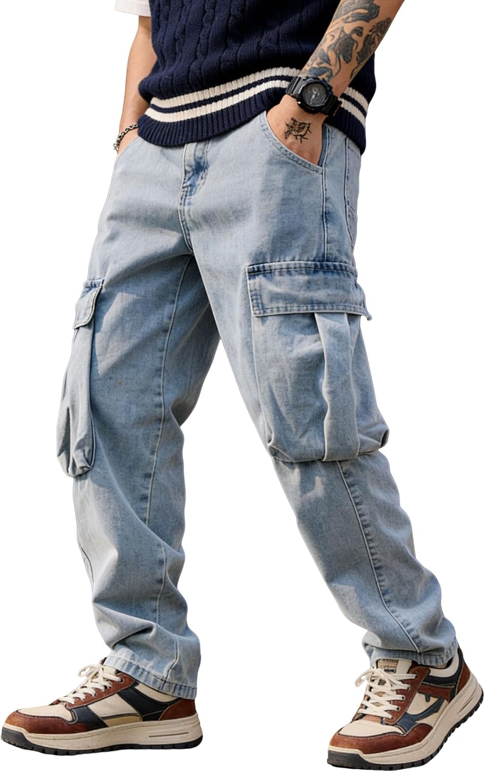 Men's Y2K Baggy Cargo Jeans Casual Distressed Washed Grey Denim Pants with Pockets Relaxed Streetwear