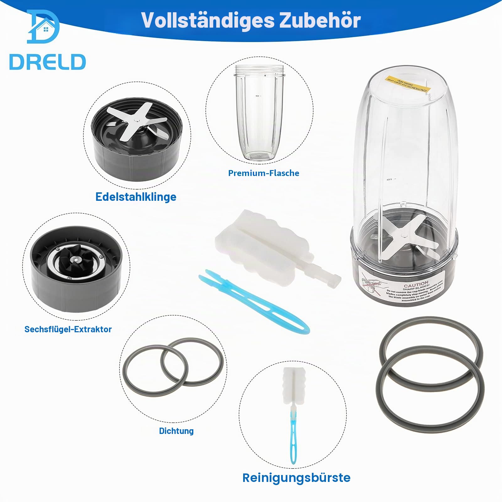DRELD 7 Stück Mixer Ersatzteile Kompatibel mit NutriBullet Entsafter 600 W/900 W Mixer, mit 2×32oz Becher, 2×Ersatz-Extraktorklinge, 2×Gummidichtungen,1×Bürste, Nutribullet-Zubehör | Kompatibel mit Nutribullet 600 W/900 W Mixer-Modellen
