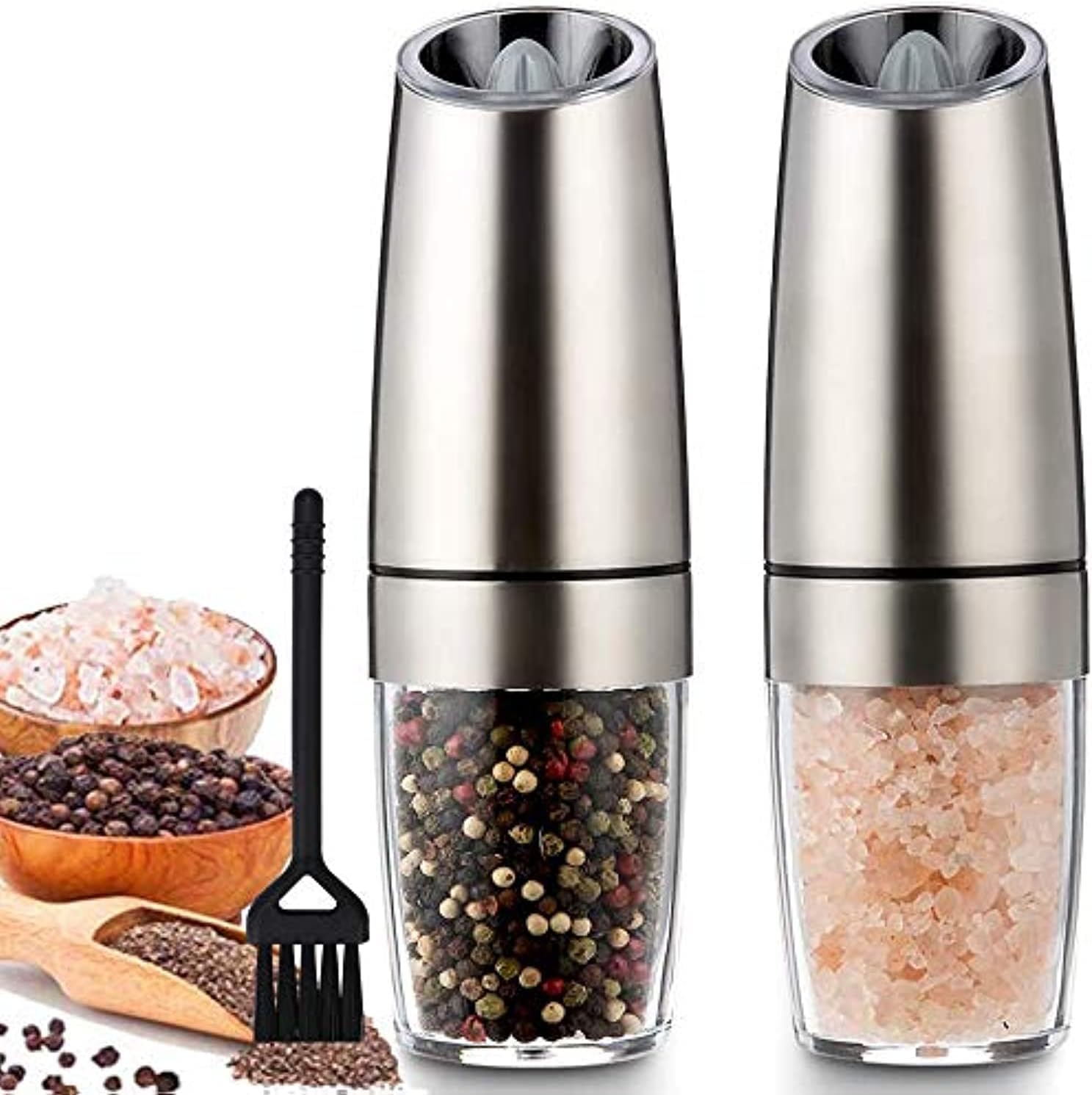 Todeco 2 PCS Gravity Electric Salt and Pepper Grinder Set, Automatic Pepper and Salt Mill Grinder with LED Light, Battery-Operated, Adjustable Coarseness, One Hand Operated, Silver