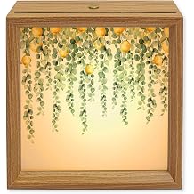 Wood Night Light Box Lemon Wooden LED Night Lights with USB Rechargeable Dimmable Touch Square Table Light Fruit Eucalyptus Leaves Branch Wood Picture Frame Lamp for Bedside Desktop Display Home Decor