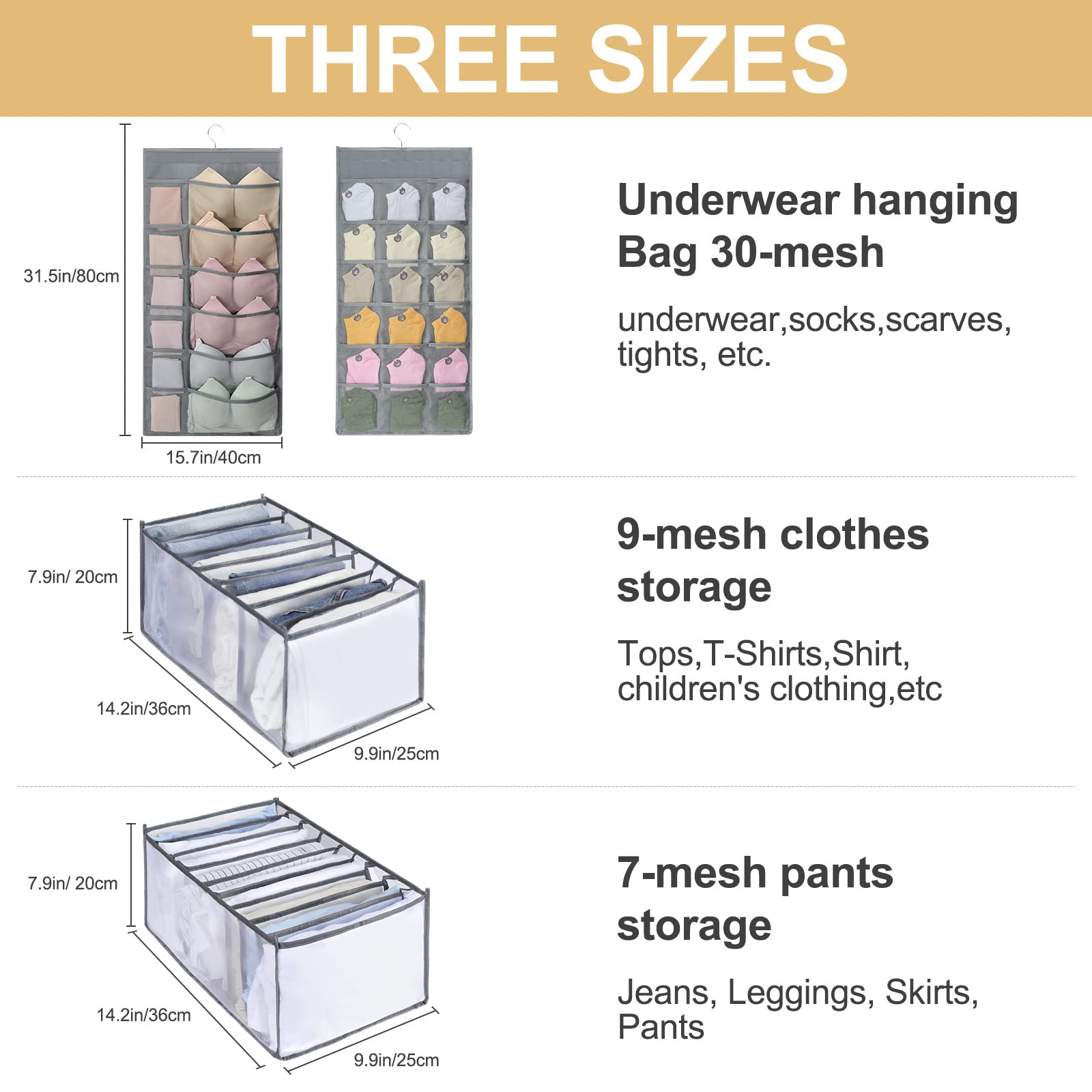 HENYNET Multi-size Wardrobe Clothes Organizer,Oxford Double-sided Underwear Panties Sock Hanging Bag,Foldable Jeans Shirt Skirts Compartment Box,for Clothing Storage,Gray