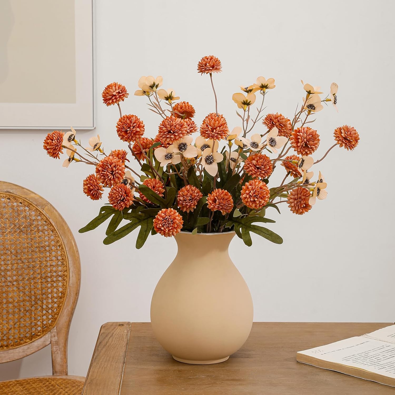 Faux Flowers for Vase,8 pcs Artificial Pom Pom Chrysanthemum Flowers with Wild Flowers,Spring Floral Stems Arrangements for Home Decor, Centerpieces for Tables, Rustic Decorations