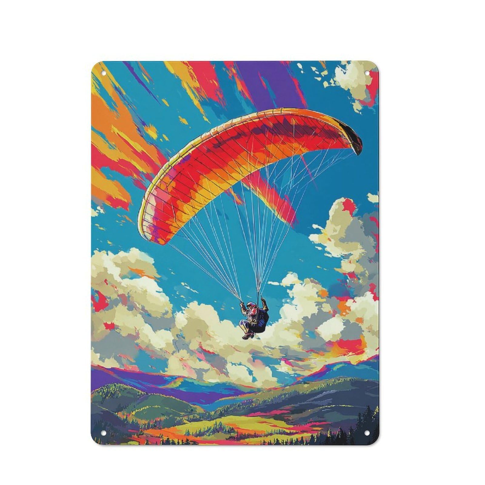 Junmoney Paraglider Soaring Over Colorful Landscape Tin Sign With Design 40X30cm, Vintage Workshop Wall Decor For Tool Room, Garage, Studio Or Home Bar