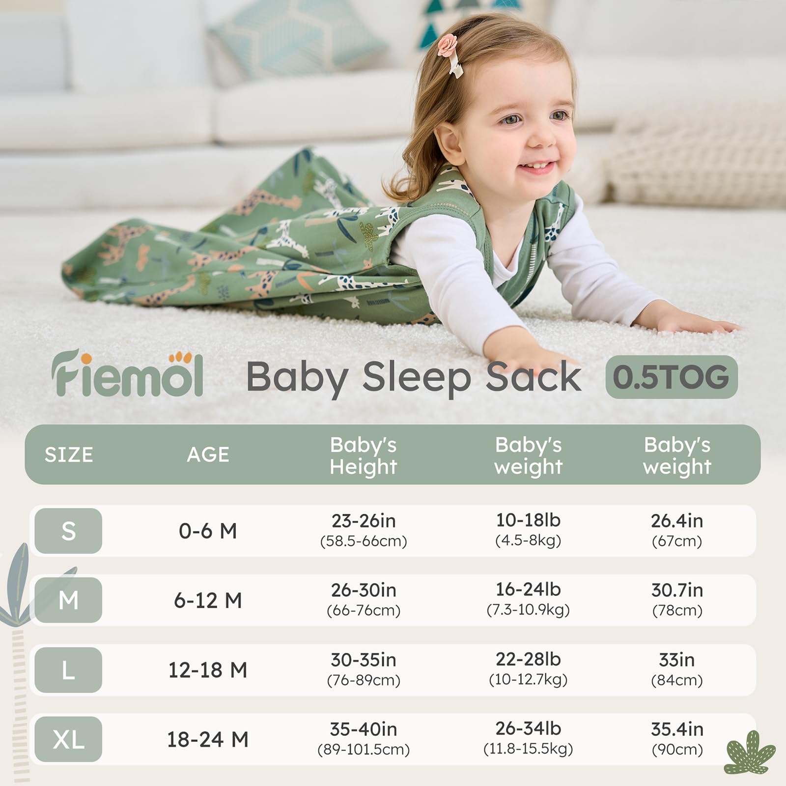FIEMOL Baby Sleep Sack 12-18 months, 100% Cotton Sleeping Sack for Newborn and Infant, 3 Pack Baby Wearable Blanket, 0.5 Tog Lightweight Double Zipper Sleep Bag Green Brown Giraffe - 3