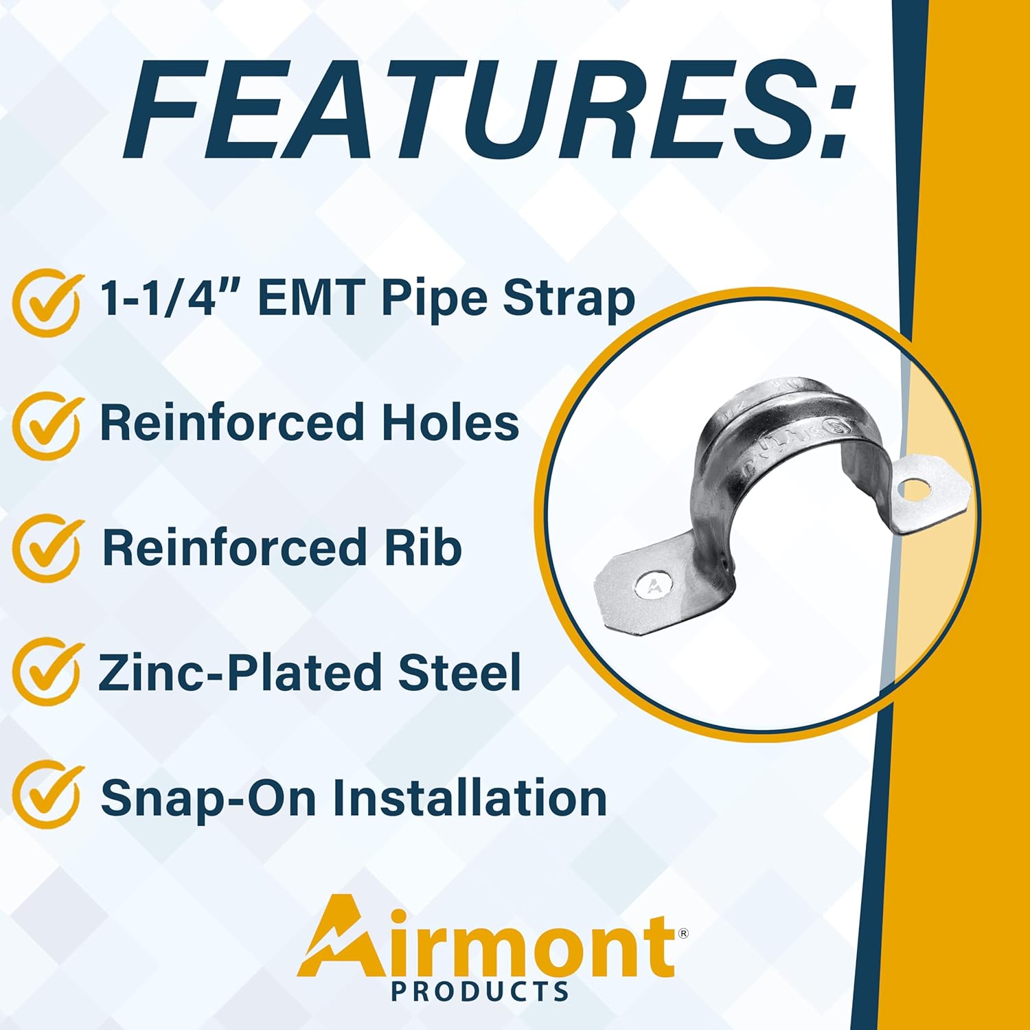 (25 Pack) 1-1/4-Inch EMT Two-Hole Conduit Strap — Reinforced Rib, Heavy-Duty Zinc-Plated Steel Pipe Clamp for Secure Electrical Installs, Rust-Resistant Snap-On Mounting Hardware