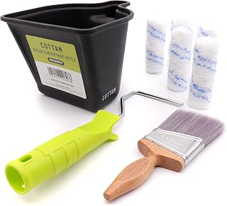 COTTAM Cutting In Brush Set | Small Angled Paint Brush | Mini Small 4 Inch Roller Frame | Mini Microfibre Roller Sleeves | Paint Kettle/Paint Cup | Best For Emulsion Paint