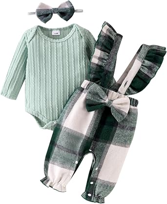 Baby Girl Clothes Newborn Suspender Overalls Long Sleeve Ribbed Romper Fall Winter Outfits Bow Headband 0-18 Months