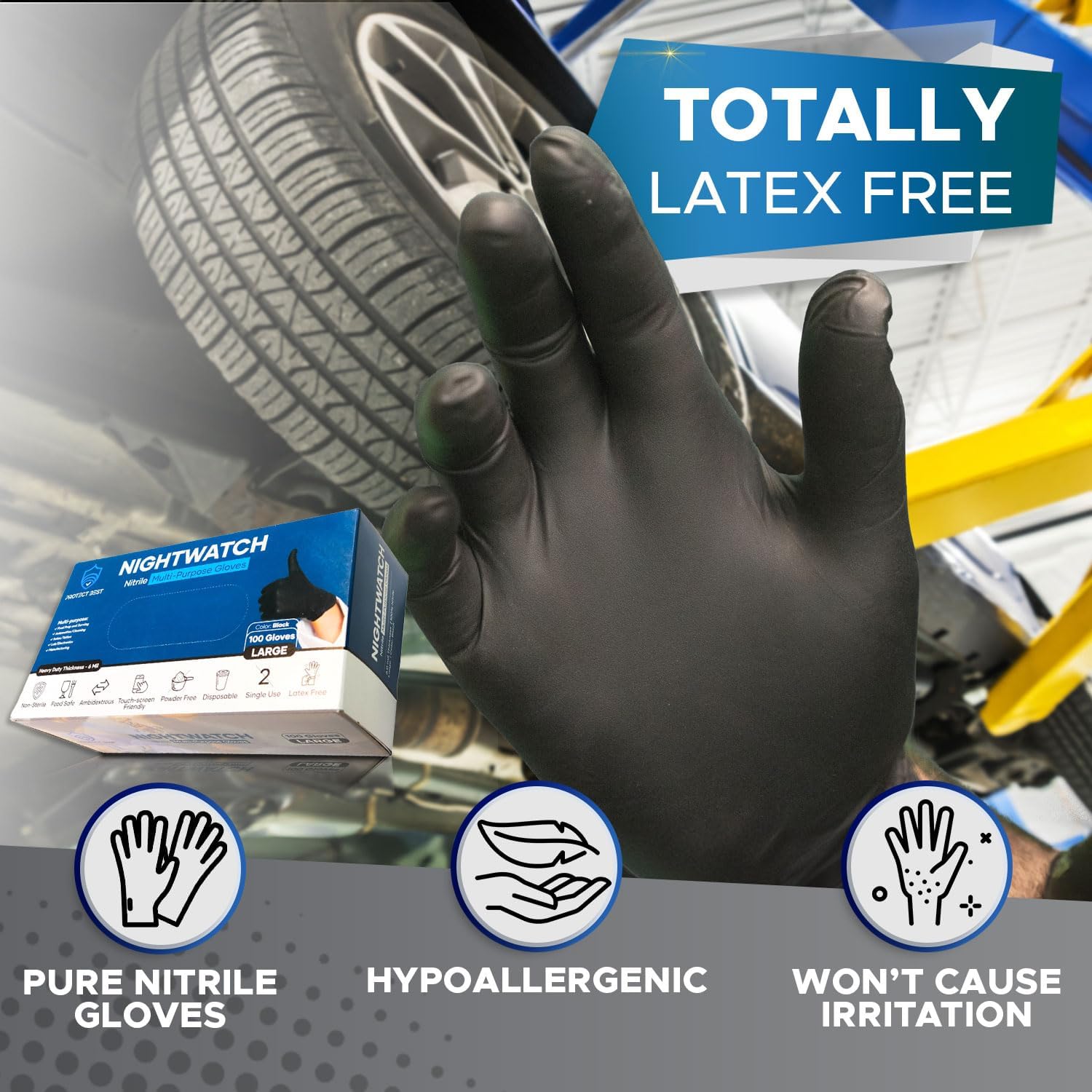 Nightwatch Nitrile Black Disposable Food Safe Gloves, 6 Mil, S-XXL