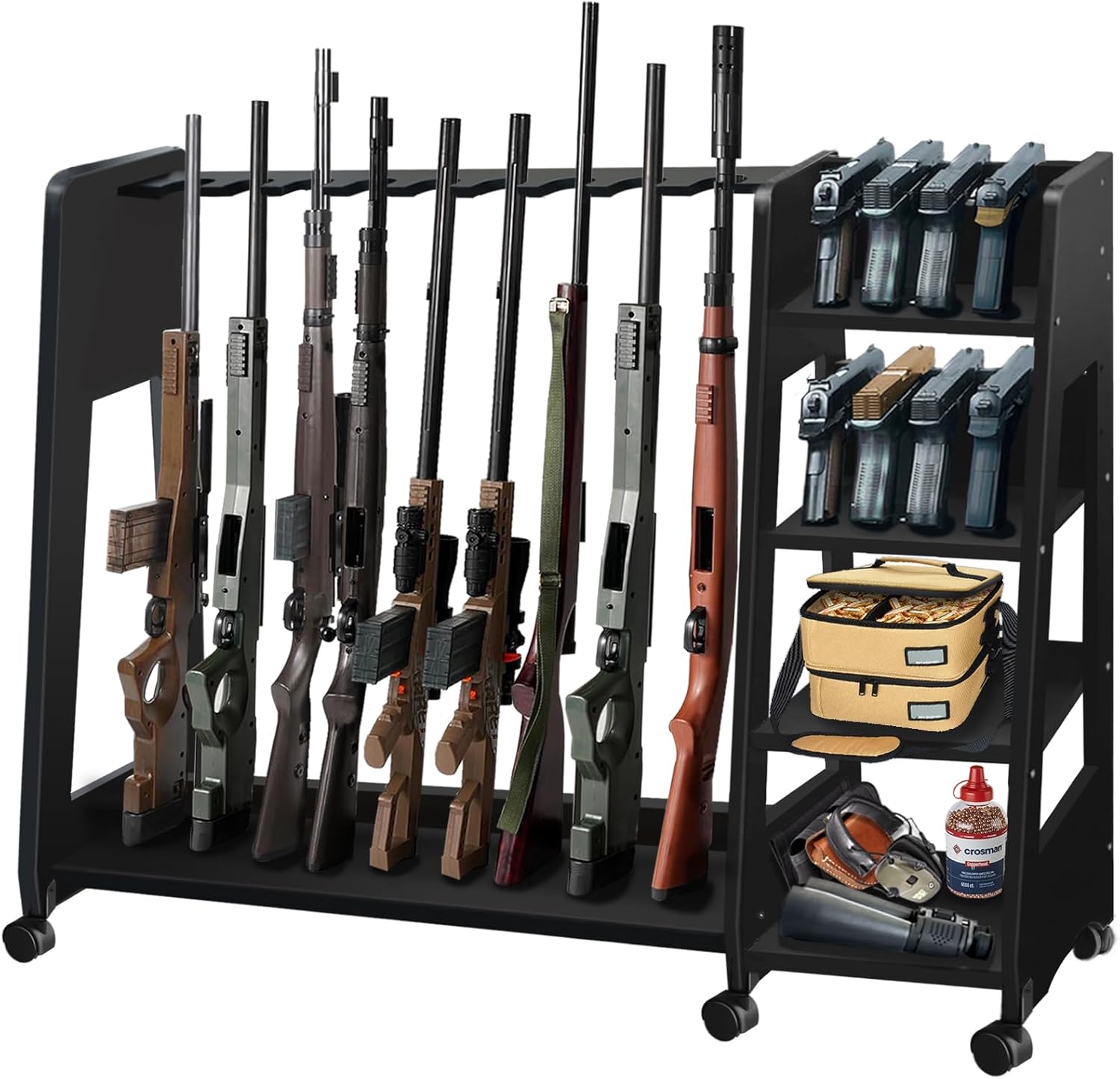 Gun Rack Stand Indoor, Upgraded Wooden Floor Rifle Rack Stand, Height-Adjustable Gun Display Rack Holds up to 9 Long Guns and 8 Handguns