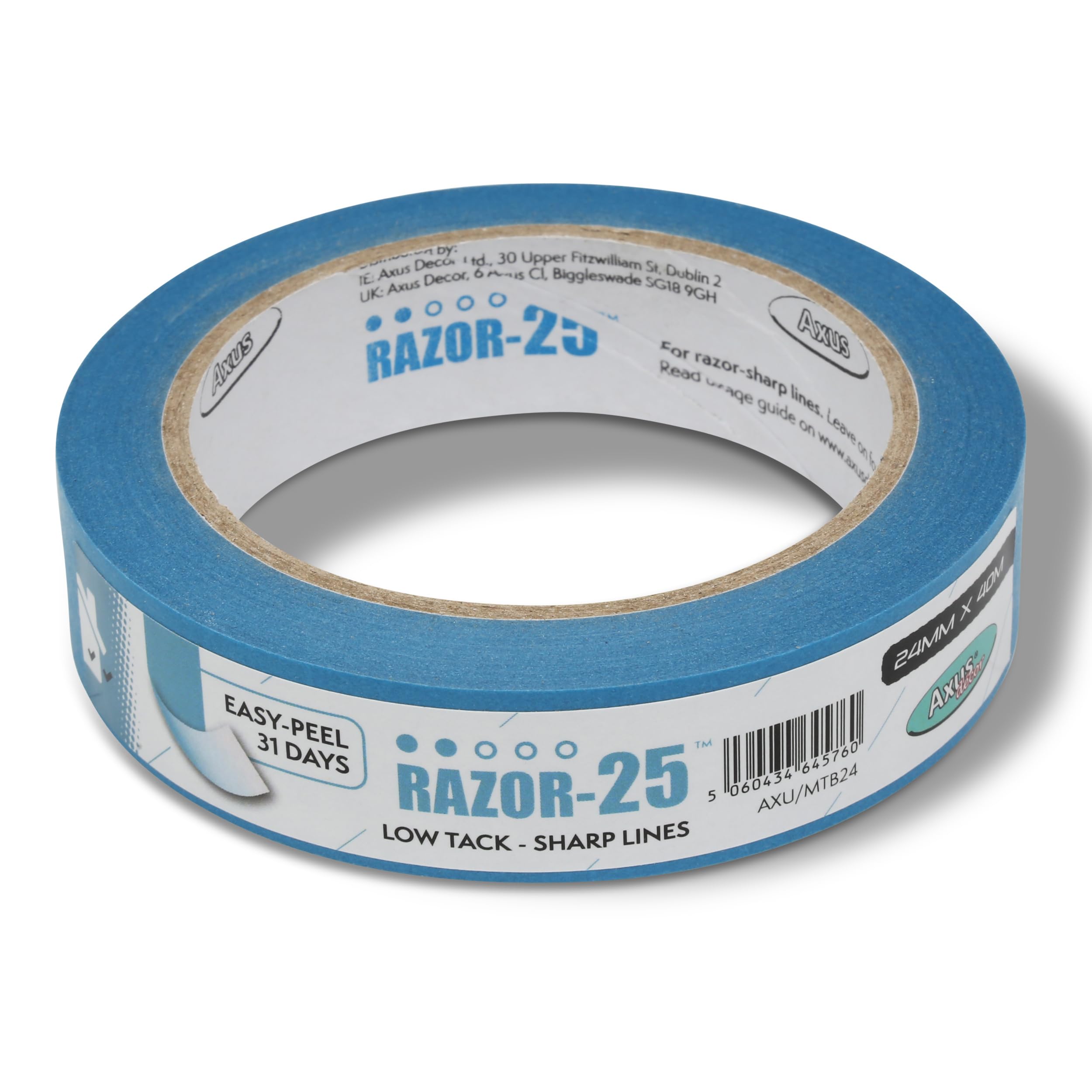 Axus Decor Razor-25 Low Tack Masking Tape - 24mm x 40m - Low Tack Tape For Recently Painted Surfaces, Residue Free Removal, For Painting Decoration & DIY Projects, Blue