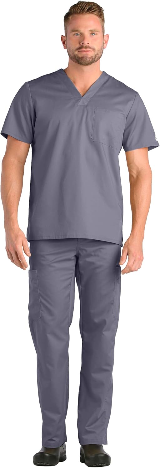 Maevn EON Active Men's One Chest Pocket V-Neck Top & Half Elastic 8-Pocket Cargo Pants Scrub Set (XX-Small, Pewter): Clothing, Shoes & Jewelry