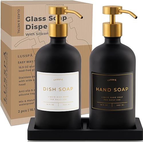 Miniatura 7 de Dispensador de jabón de loción, manos y platos para fregadero de cocina, juego de 2 botellas de vidrio de 16.8 onzas con bomba de acero inoxidable,