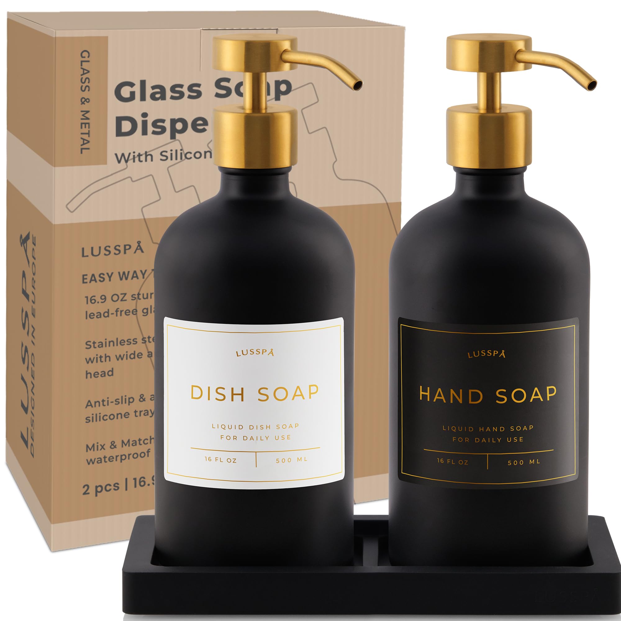 Glas-Seifenspender 2er-Set (schwarz) mit Silikonschale, Hand- und Spülseifenspender für Küche und Bad, 476 ml Glasflaschen mit Edelstahlpumpe und 15 wasserdichten Etiketten (Schwarz/Gold)