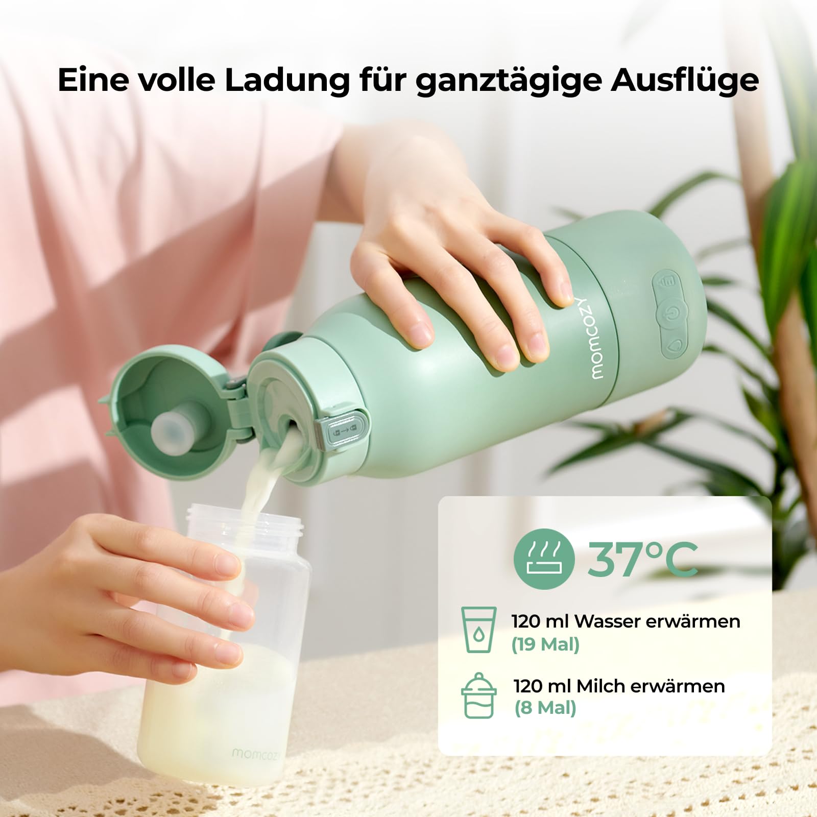 Momcozy MW05 Tragbarer Flaschenwärmer Baby 500ml Kapazität Akku TÜV-CE zertifiziert Schnellaufheizen 3 Min BPA-frei USB-C Kabel Grün