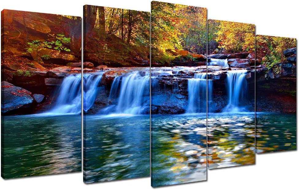 Wallfeeling Arts Dreamlike Waterfall Canvas Print Picture for Living Room Decoration Stretched XLarge 5 Panels Painting Wall Art Print on Blue Canvas- High Definition Modern Home Decor