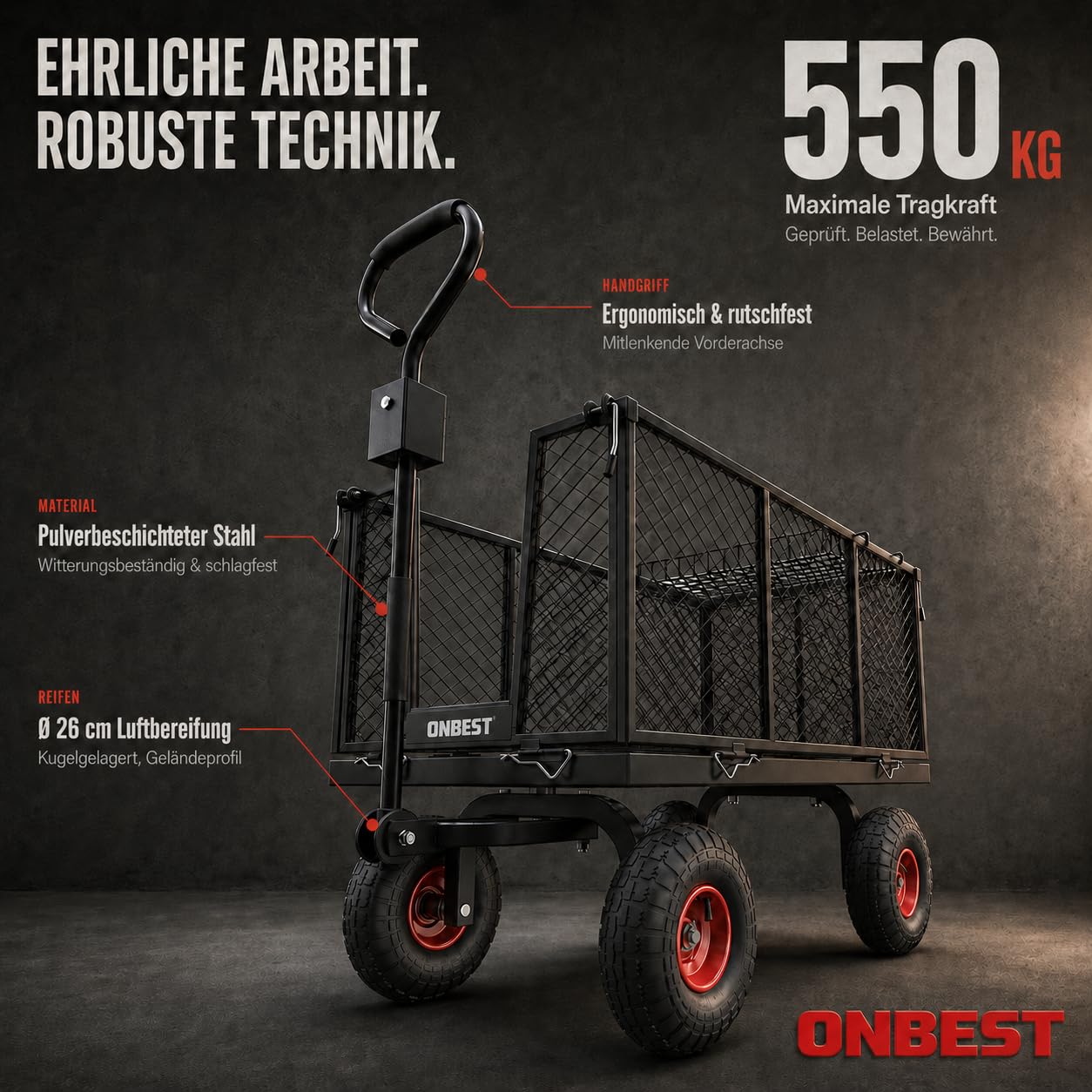 ONBEST Bollerwagen 550 kg – Gartenwagen mit klappbaren Seitenwänden | Großer 205 L Gitterkorb aus Metall – Outdoor-Transportwagen und Lastenwagen für Garten, Hof und schwere Transporte