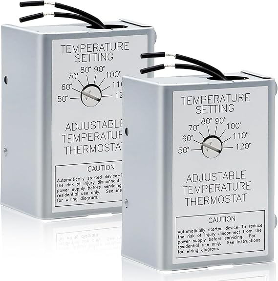 2 Pack 120V Adjustable Attic Fan Thermostat Switch, 10Amp 58033 Single Speed Precise Temperature Controller Replacement for Power Attic Ventilators and Exhaust Fans, Upgrade Attic Ventilation System.