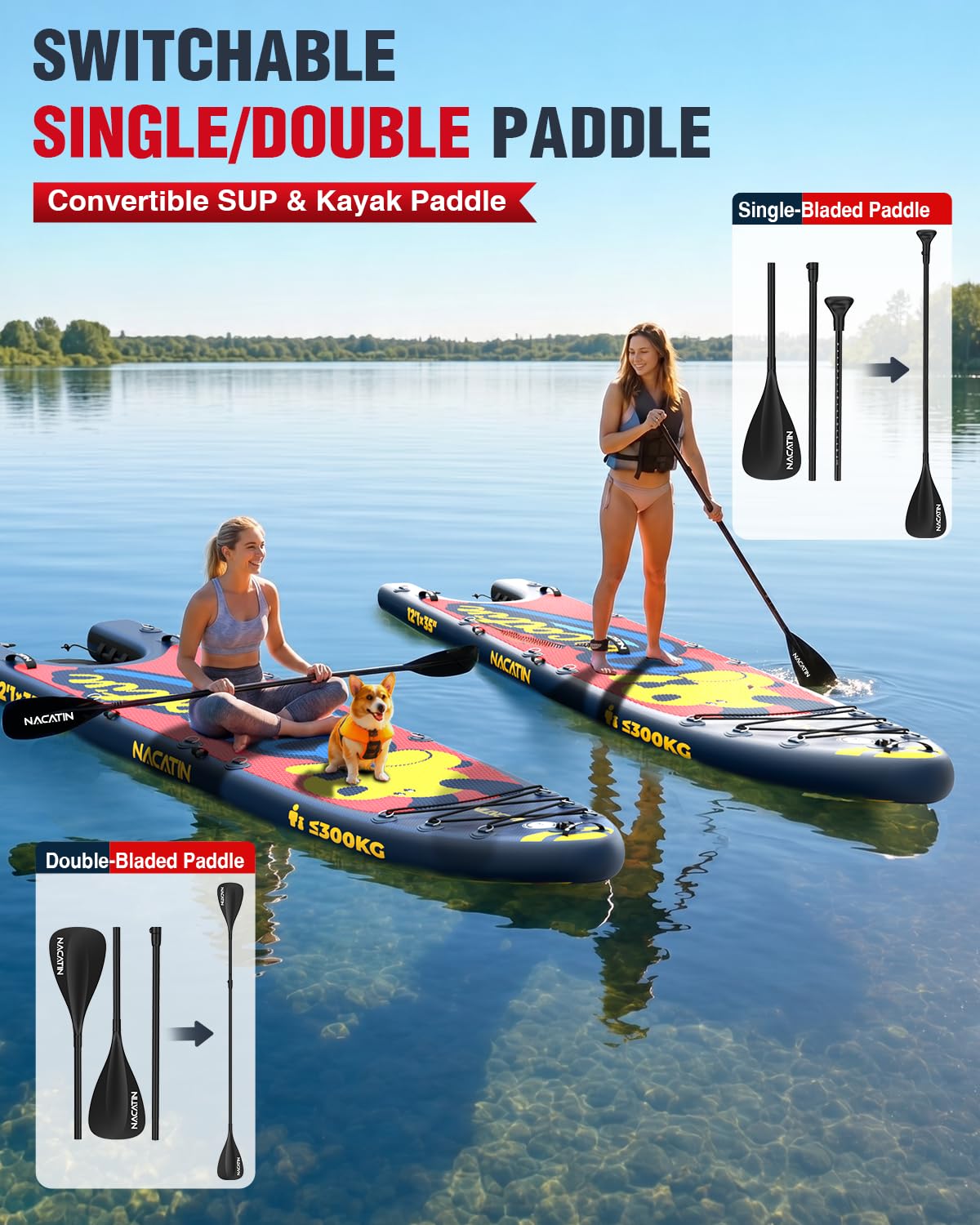 NACATIN Tabla de remo inflable de pie – Tabla de SUP de alta calidad con kit de rampa para perros, juego completo de tablas de remo para adultos con remo individual/doble, mochila, adecuada para remo
