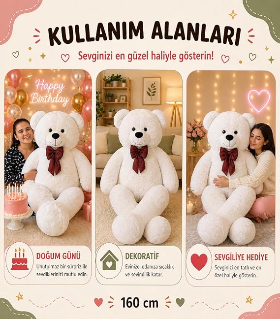 Özgüner Toy 160 cm Giant Plush Bear, Bow Tie and Hug, Soft and Cute Large Size, Gift for Lover (Cream)